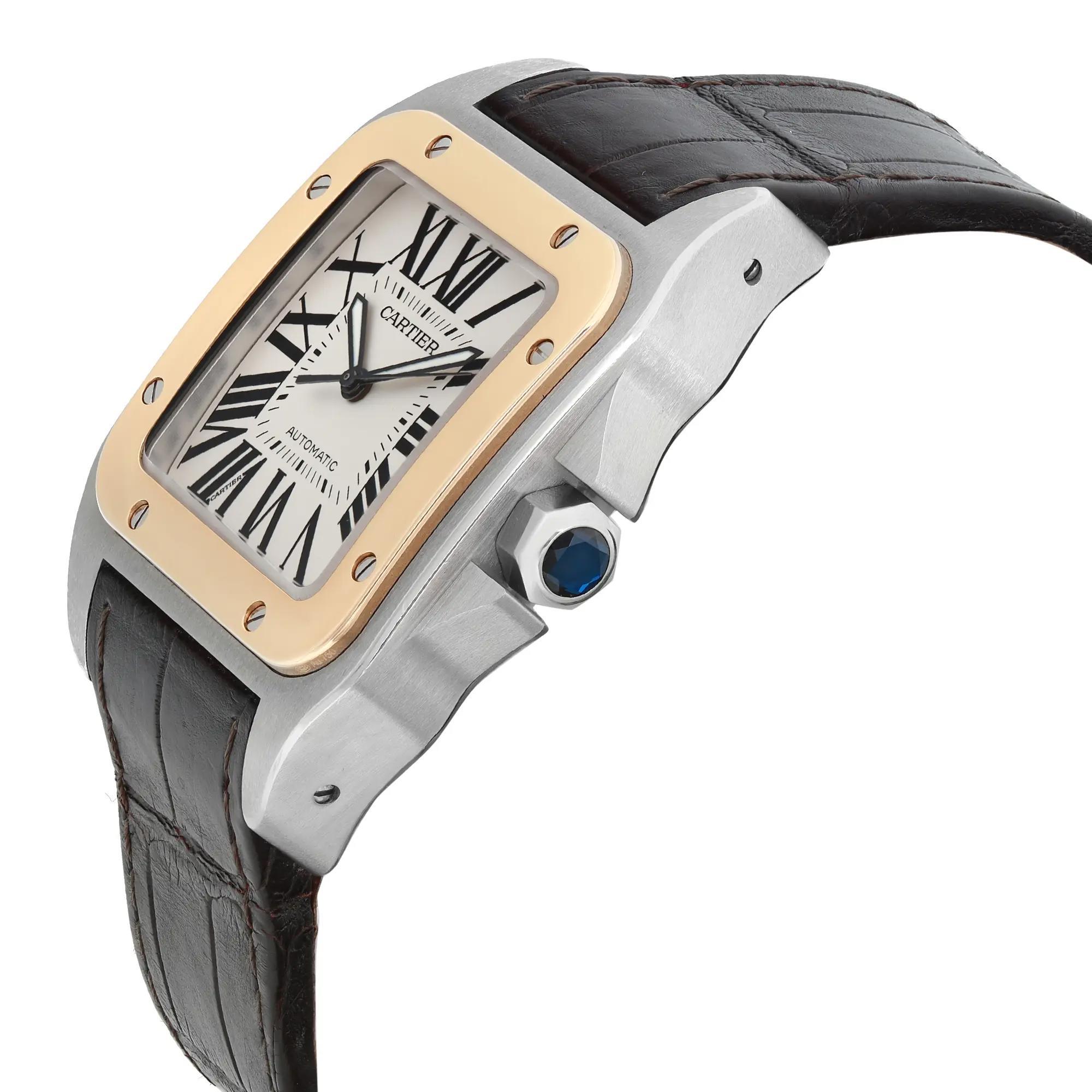 Cartier Santos 100 XL 38mm 18K Yellow Gold Steel Silver Dial Men Watch 3774 In Good Condition In New York, NY