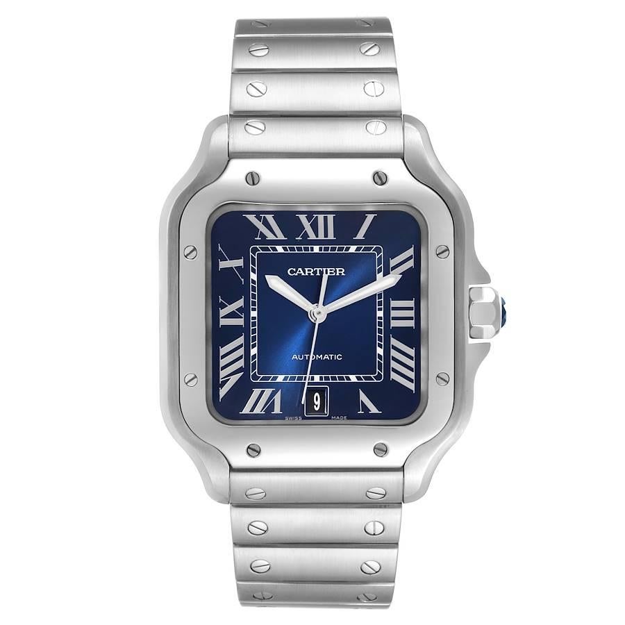 Cartier Santos 100 XL Blue Dial Steel Mens Watch WSSA0013 Box Card. Automatic self-winding movement. Stainless steel case 38.0 x 38.0 mm. Protected octagonal crown set with the faceted black synthetic spinel. Stainless steel bezel punctuated with 8