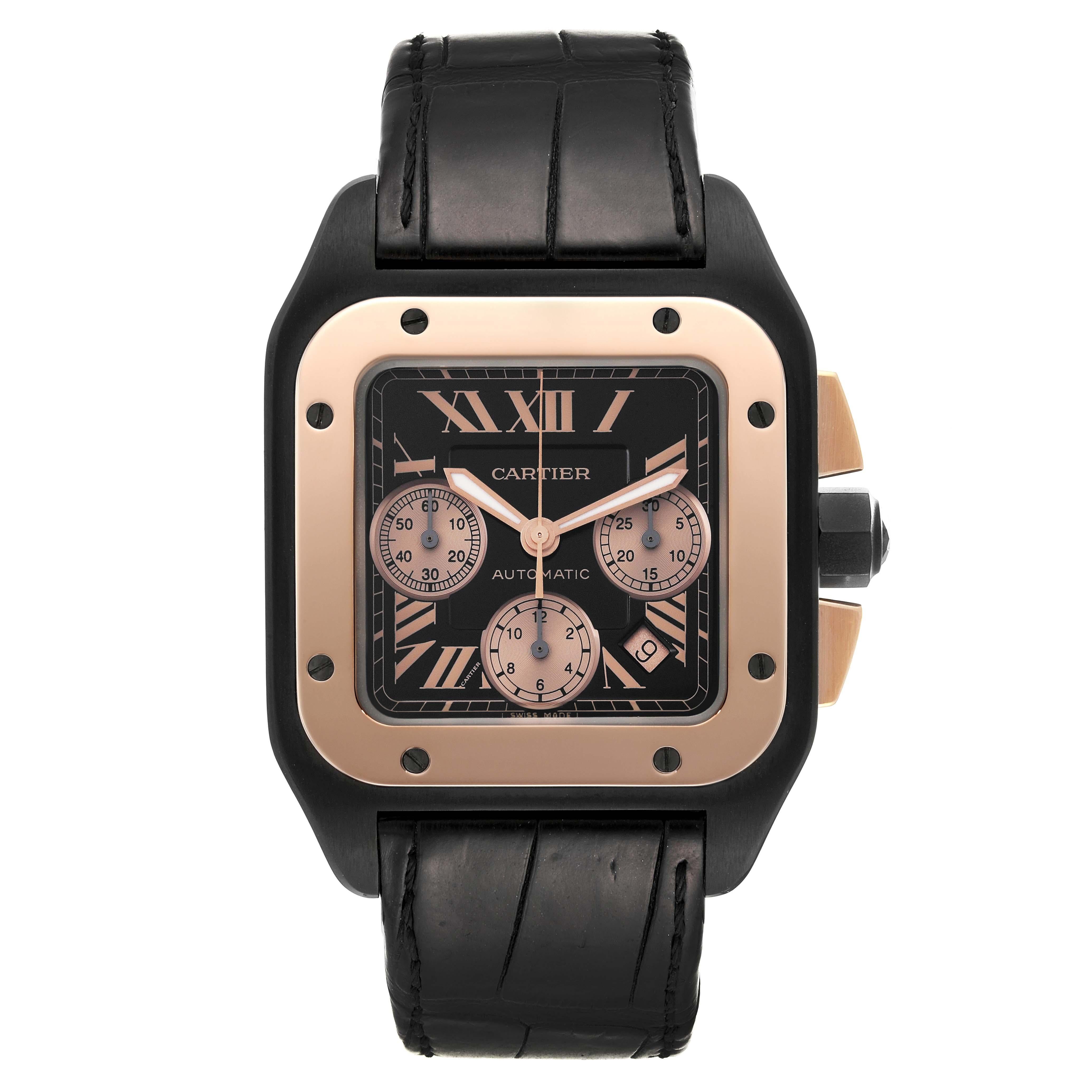 Cartier Santos 100 XL Carbon Rose Gold Chronograph Mens Watch W2020004. Automatic self-winding movement caliber 8630. Three body titanium satined case coated in ADLC with a steel case back coated in ADLC case 54.9 mm x 46.55 mm. Octagonal crown set