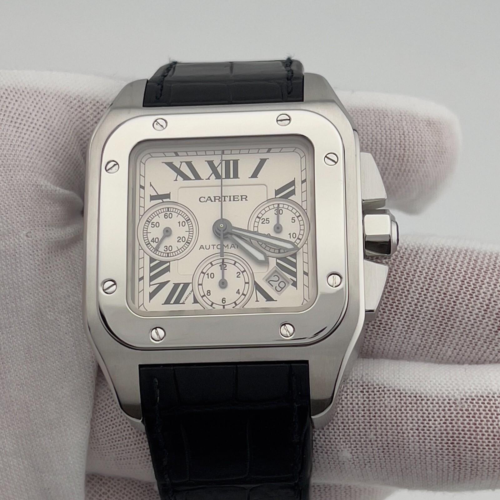 Men's Cartier Santos 100 XL Chronograph 2740 Silver Dial Steel Leather Strap 41mm