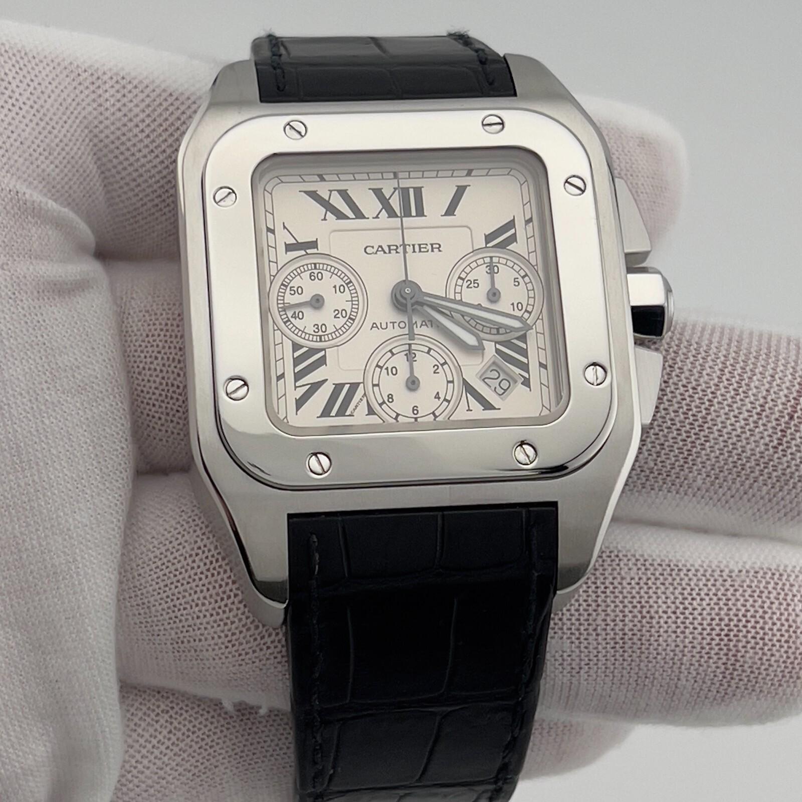 Cartier Santos 100 XL Chronograph 2740 Silver Dial Steel Leather Strap 41mm 2