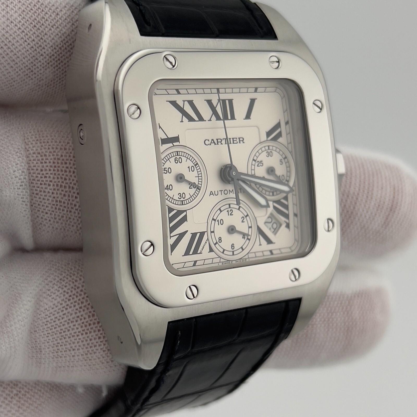 Cartier Santos 100 XL Chronograph 2740 Silver Dial Steel Leather Strap 41mm 3