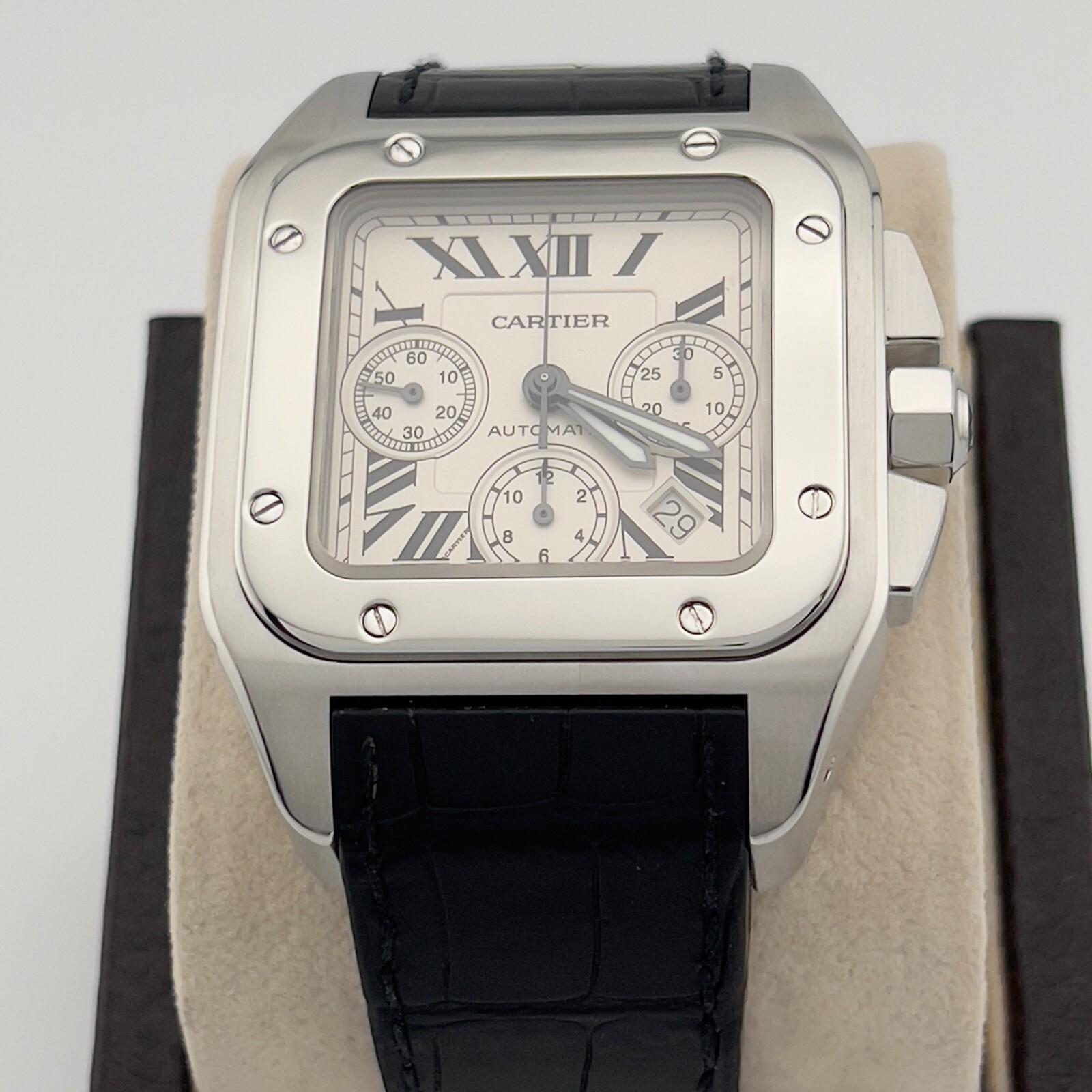 Cartier Santos 100 XL Chronograph 2740 Silver Dial Steel Leather Strap 41mm 4