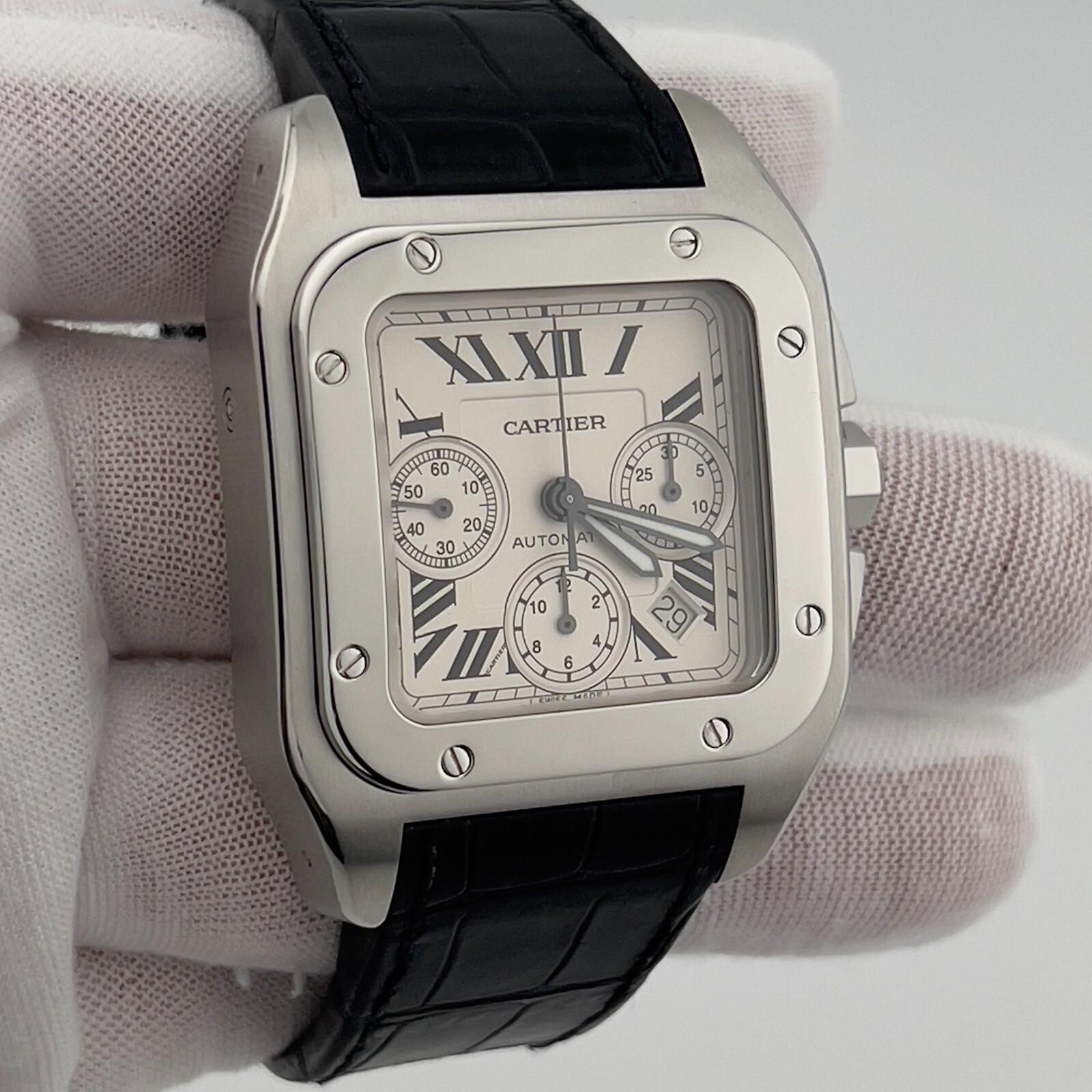 Cartier Santos 100 XL Chronograph 2740 Silver Dial Steel Leather Strap 41mm 5