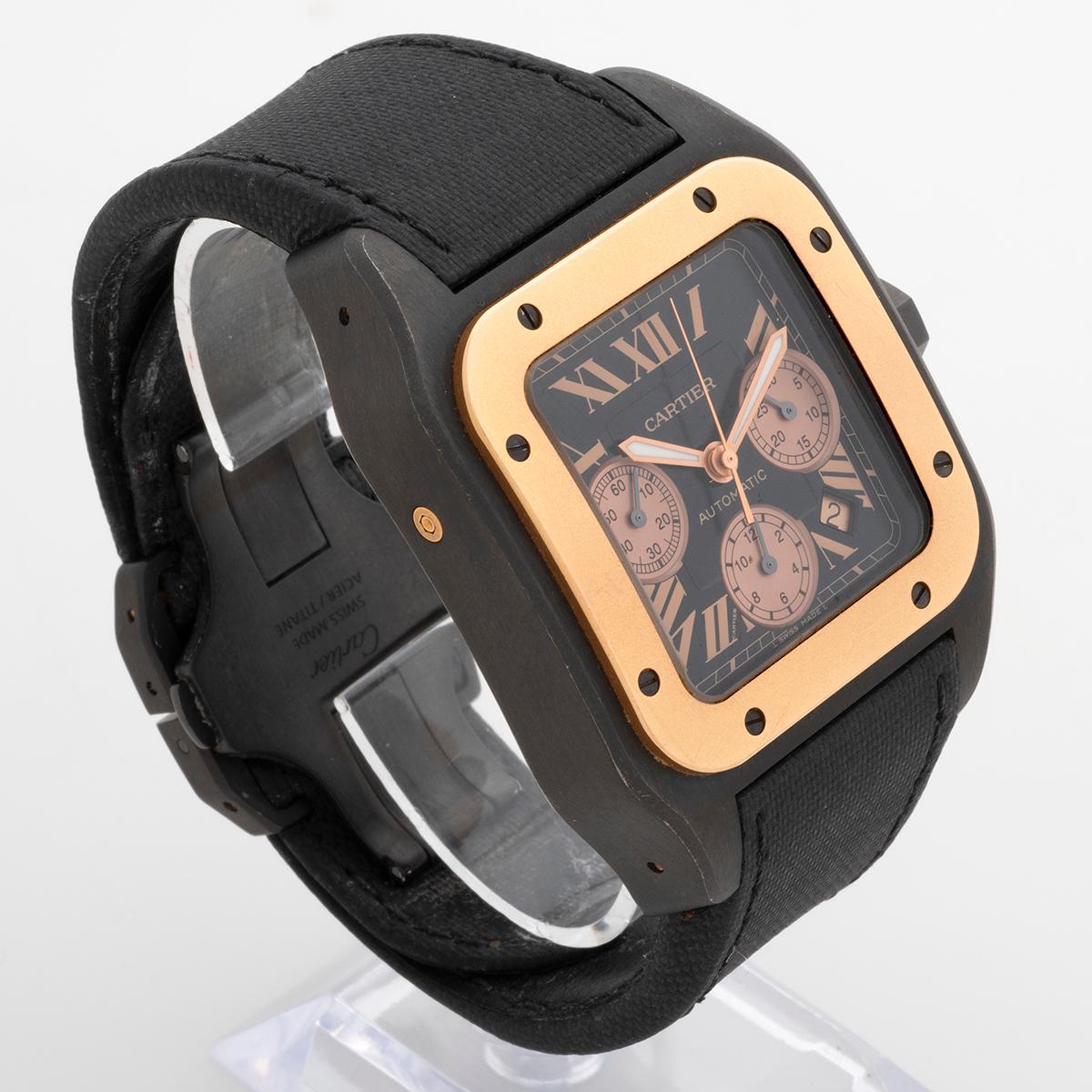 Our rare and instantly recognisable, discontinued Cartier Santos 100 XL Chronograph, reference 3104 / W2020004, features an extra large 42mm (ex crown) 45mm (inc crown) x 55mm case, which is a mix of titanium, PVD steel and rose gold, and has a