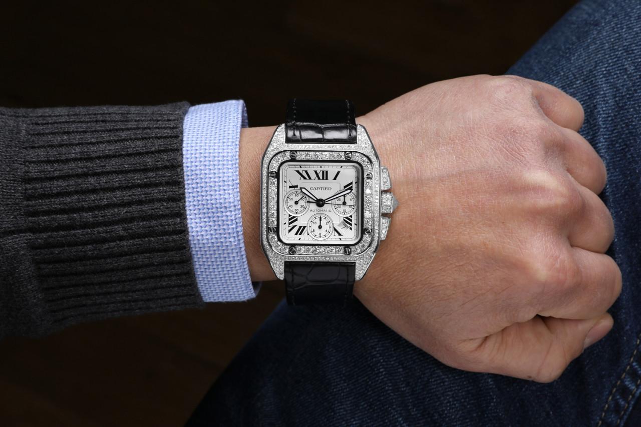 Cartier Santos 100 XL Chronograph Stainless Steel Iced Out Watch W20090X8 For Sale 5