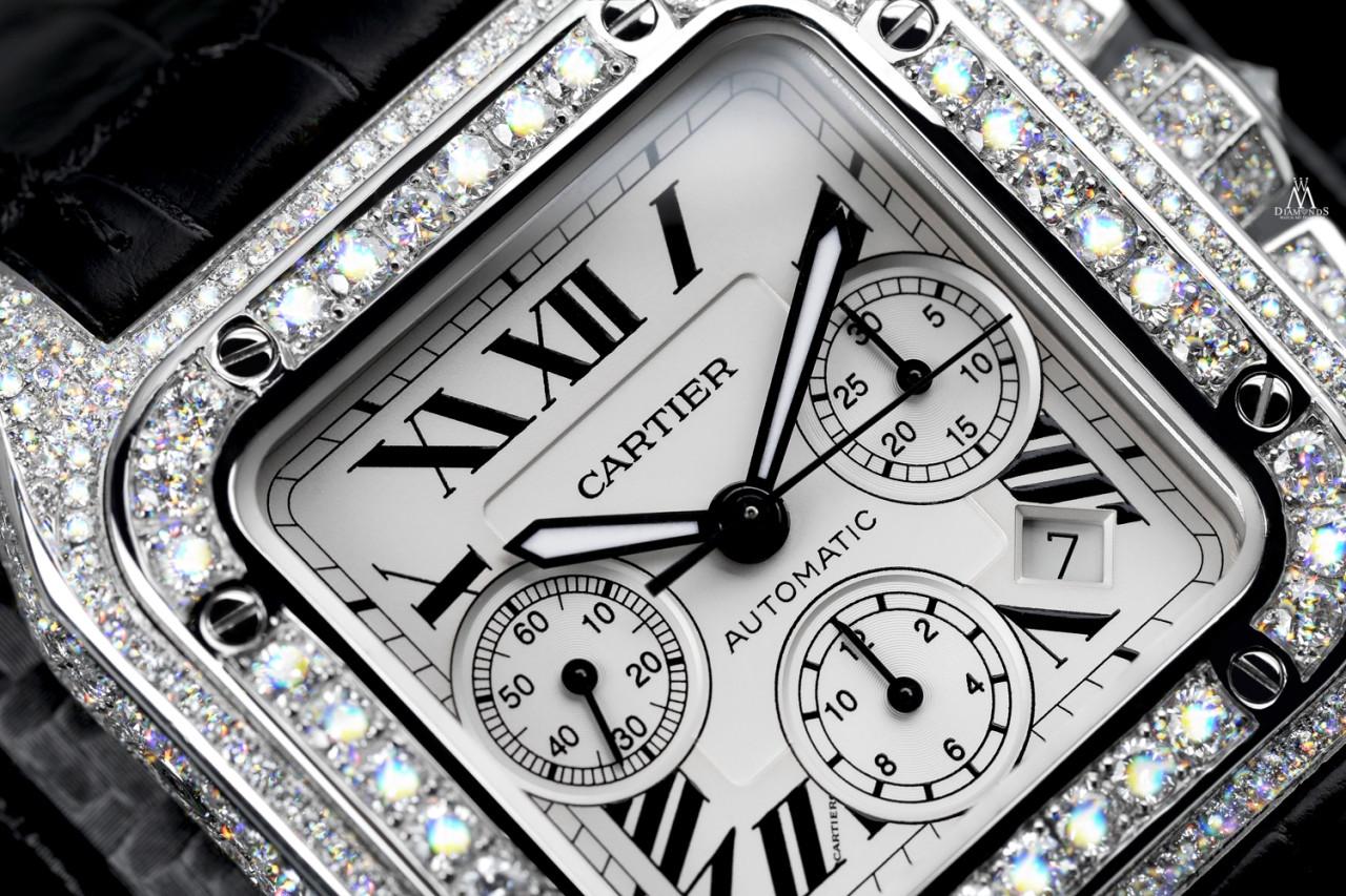 Cartier Santos 100 XL Chronograph Stainless Steel Iced Out Watch W20090X8

Let us teach you a lesson in history, in 1904, Louis Cartier granted the wish of the famous Brazilian aviator Alberto Santos Dumont, which was to tell time while flying. It