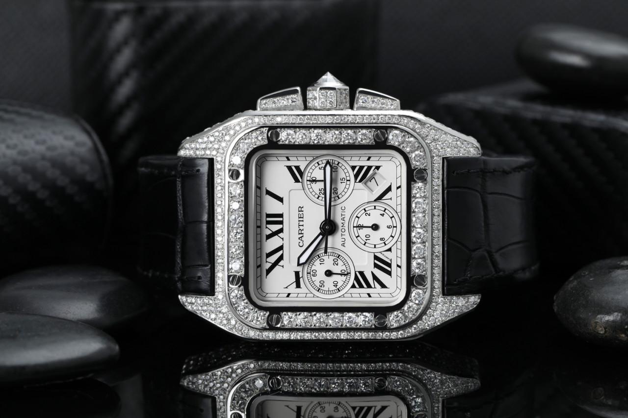 Cartier Santos 100 XL Chronograph Stainless Steel Iced Out Watch W20090X8 In Excellent Condition For Sale In New York, NY