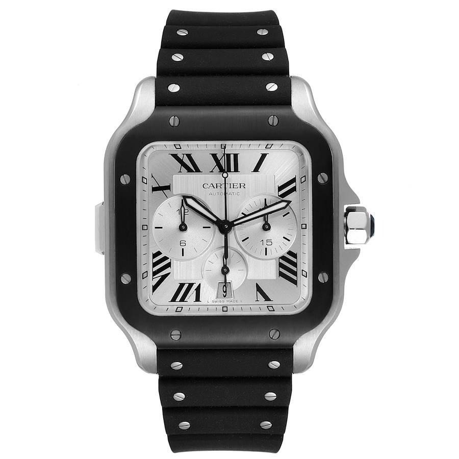 Cartier Santos 100 XL Chronograph Stahl-Gummi-Armband Herrenuhr WSSA0017. Automatisches Chronographenwerk mit Automatikaufzug, Kaliber 1904. Gehäuse aus rostfreiem Stahl 43,3 x 43,3 mm. Geschützte achteckige Krone, besetzt mit einem facettierten