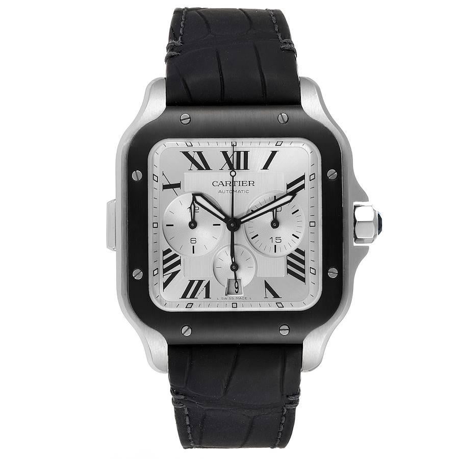 Cartier Santos 100 XL Chronograph Stahl Gummi Uhr WSSA0017 Box Karte. Automatisches Chronographenwerk mit Automatikaufzug, Kaliber 1904. Gehäuse aus rostfreiem Stahl 43,3 x 43,3 mm. Geschützte achteckige Krone, besetzt mit einem facettierten