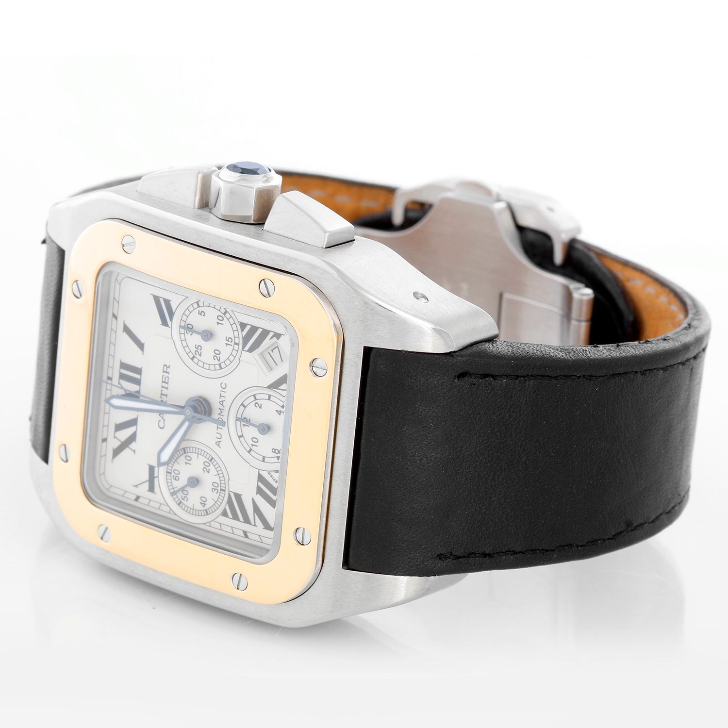 Cartier Santos 100 XL  Chronograph Two Tone Men's Watch 2740 -  Automatic winding chronograph with date. Stainless Steel case with yellow gold bezel (41mm x 55mm). White Chronograph dial with Roman Numerals. Cartier Kevlar/leather strap with Cartier