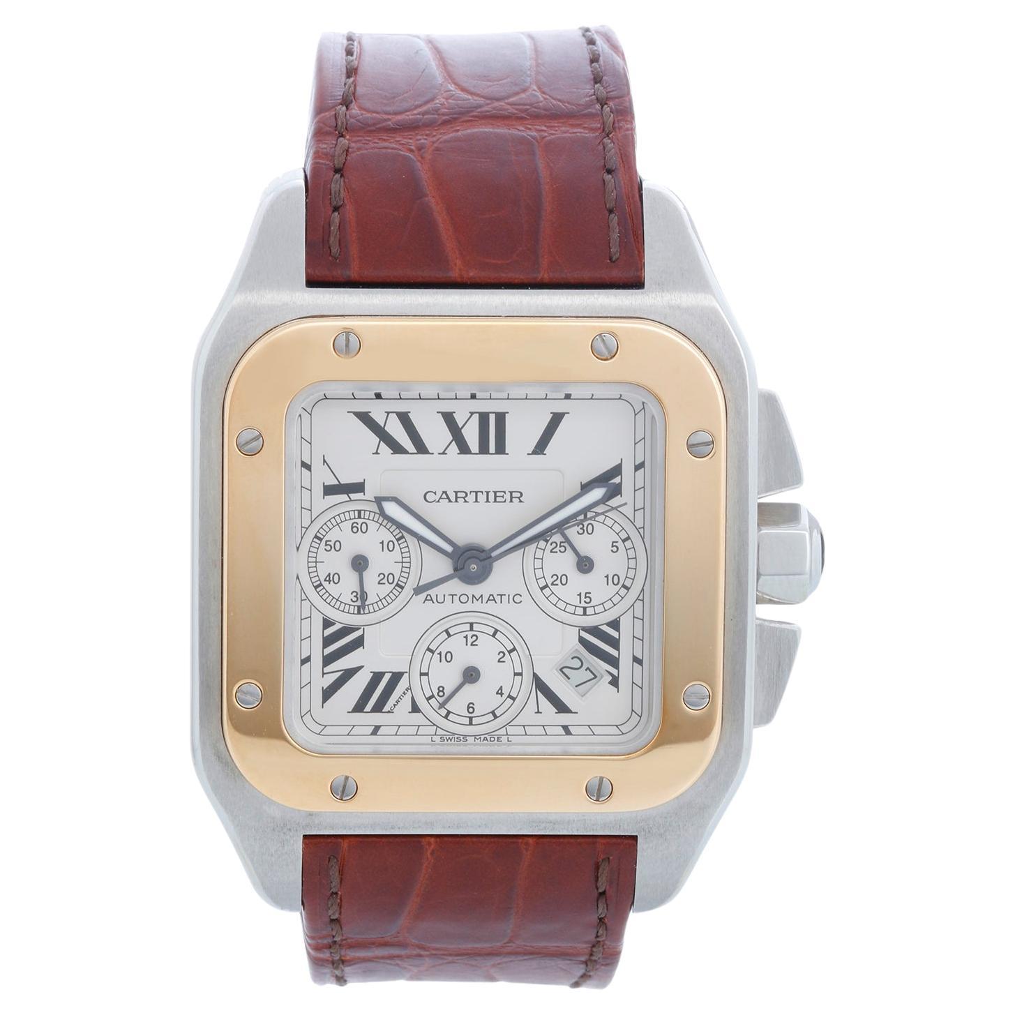 Cartier Santos 100 XL  Chronograph Two Tone Men's Watch 2740 W2020005 For Sale