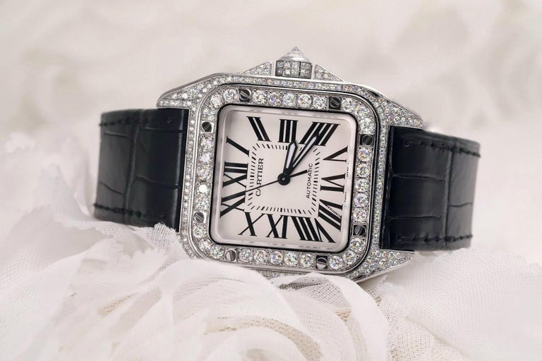 Cartier Santos 100 XL Diamond Pave Stainless Steel Iced Out Mens ...