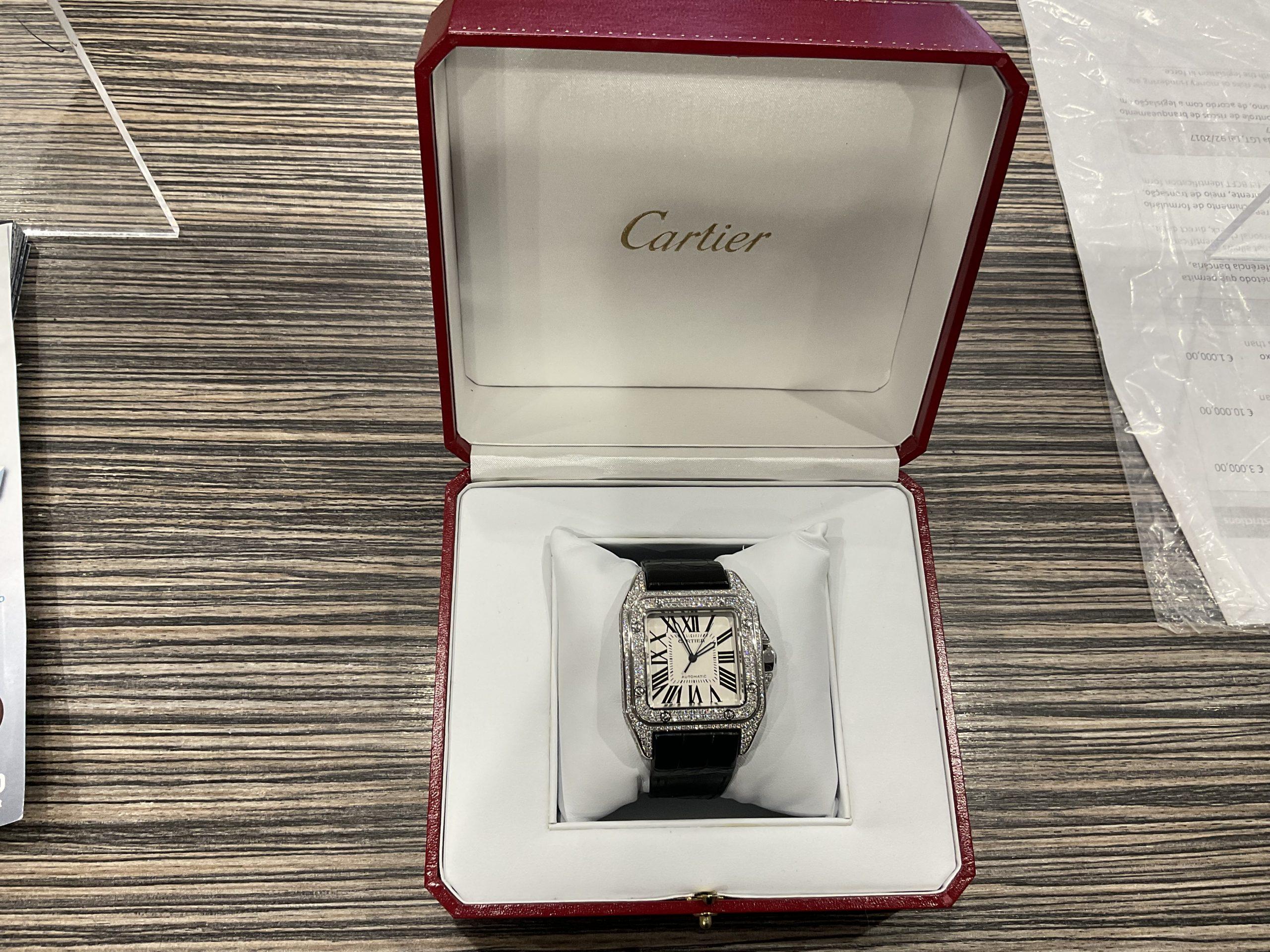 Brilliant Cut Cartier Santos 100 XL Diamond Pave Stainless Steel Iced Out Mens Wristwatch