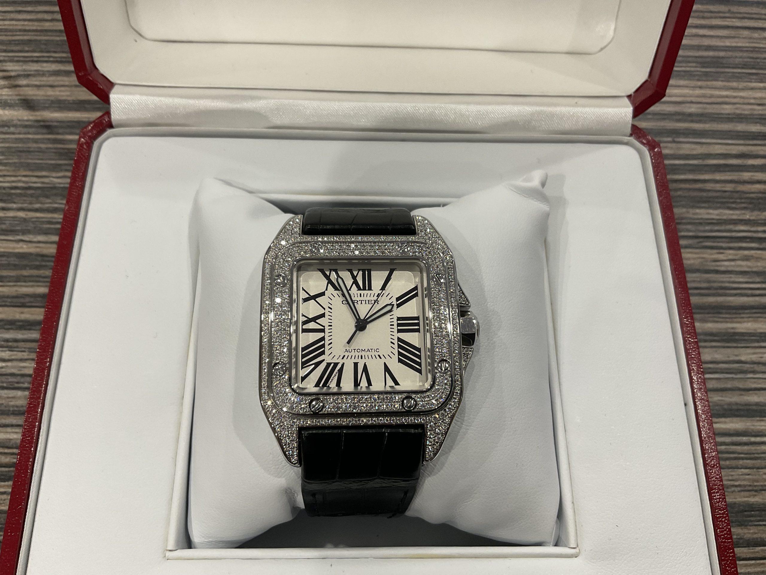 Cartier Santos 100 XL Diamond Pave Stainless Steel Iced Out Mens Wristwatch In New Condition In Viana do Castelo, PT