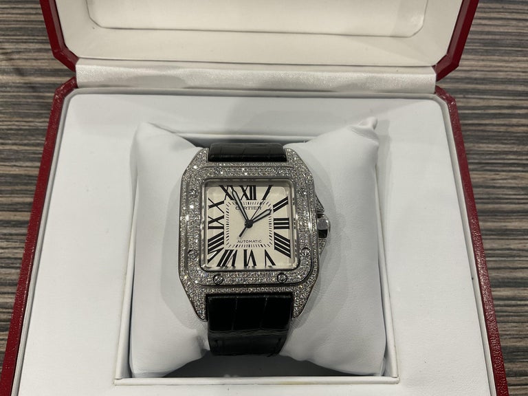 Cartier Santos 100 XL Diamond Pave Stainless Steel Iced Out Mens ...