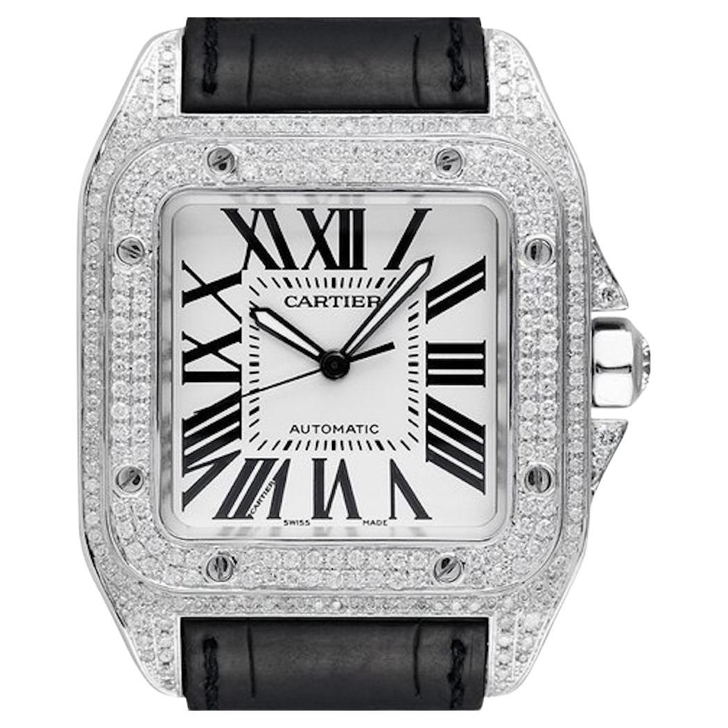 Cartier Santos 100 XL Diamond Pave Stainless Steel Iced Out Mens Wristwatch