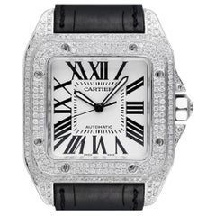 Cartier Santos 100 XL Diamond Pave Stainless Steel Iced Out Mens Wristwatch