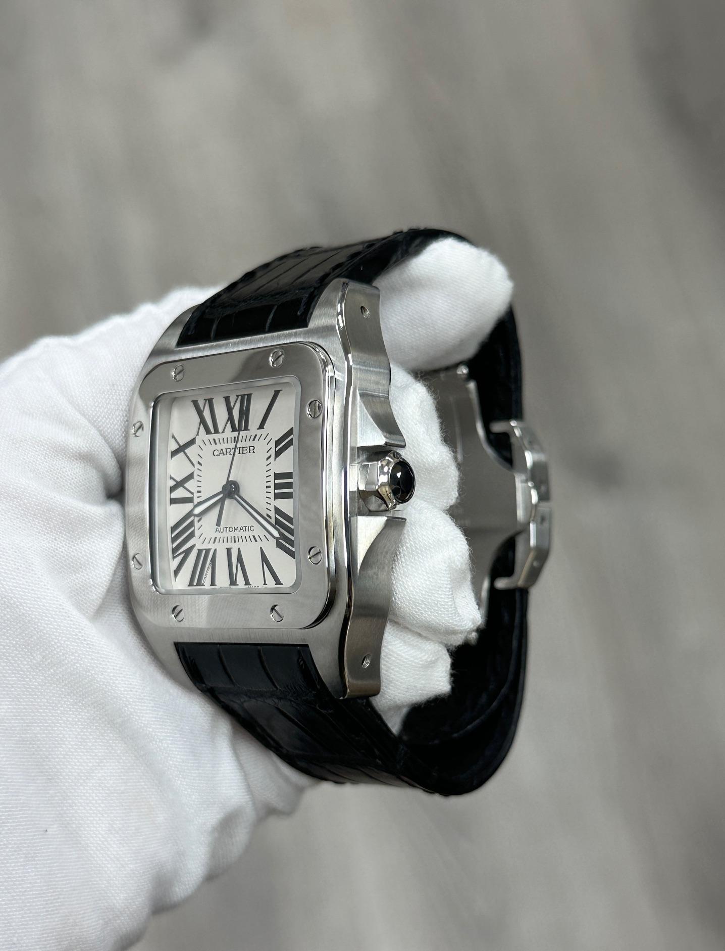 Cartier Santos 100 XL Ref 2656 38mm Acier inoxydable Bracelet cuir noir en vente 6