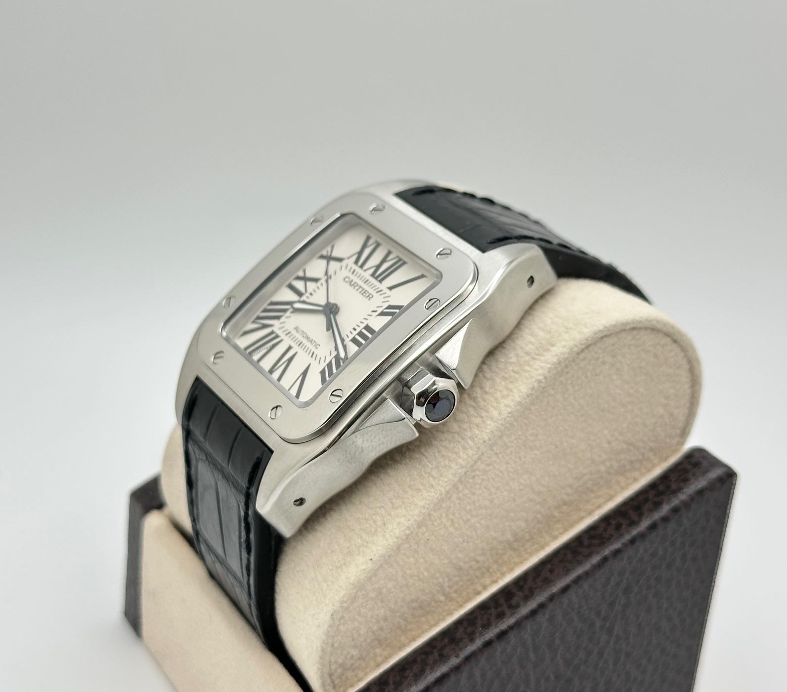 Cartier Santos 100 XL Ref 2656 38mm Acier inoxydable Bracelet cuir noir Excellent état - En vente à San Diego, CA
