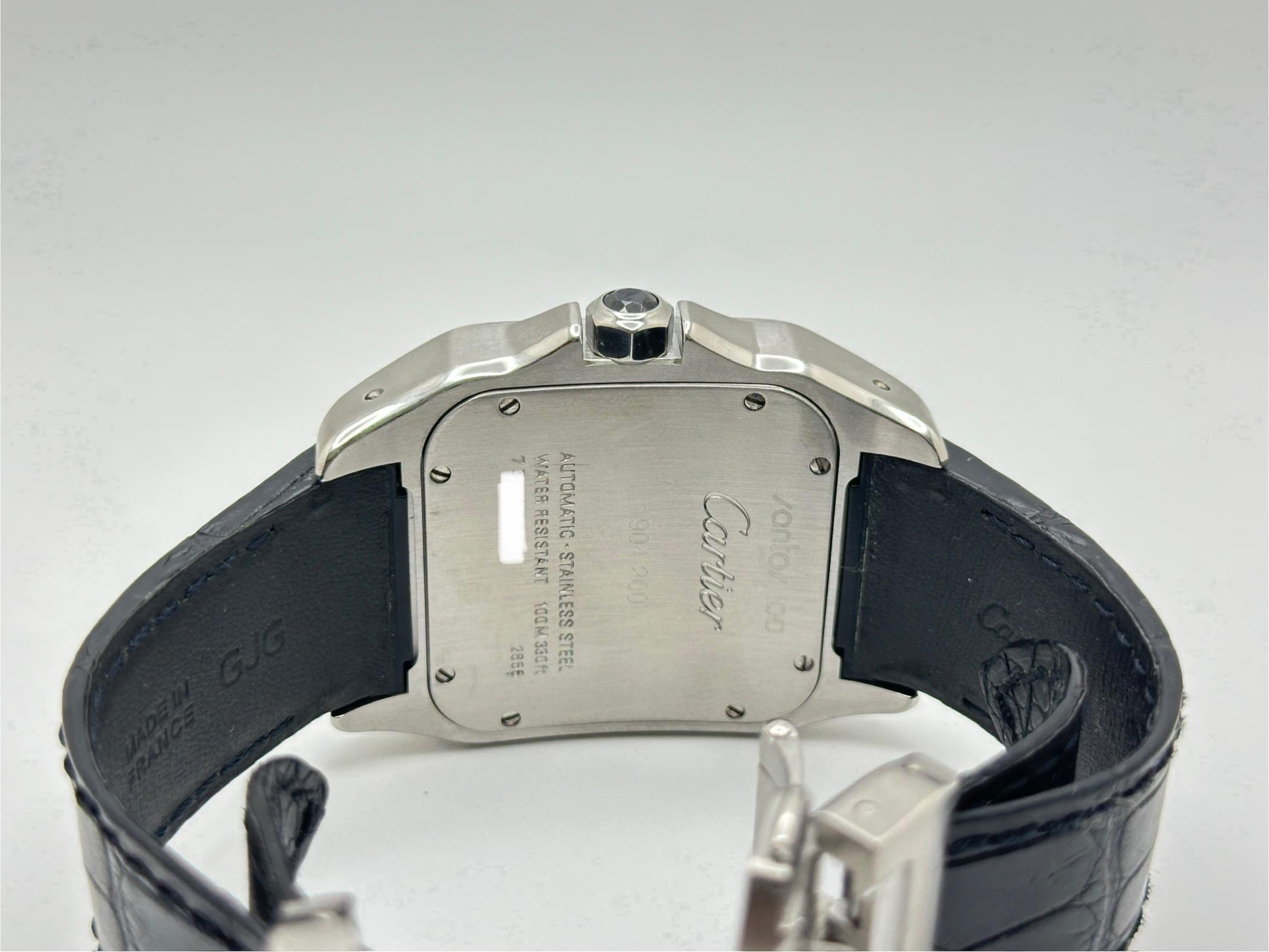 Cartier Santos 100 XL Ref 2656 38mm Acier inoxydable Bracelet cuir noir en vente 1