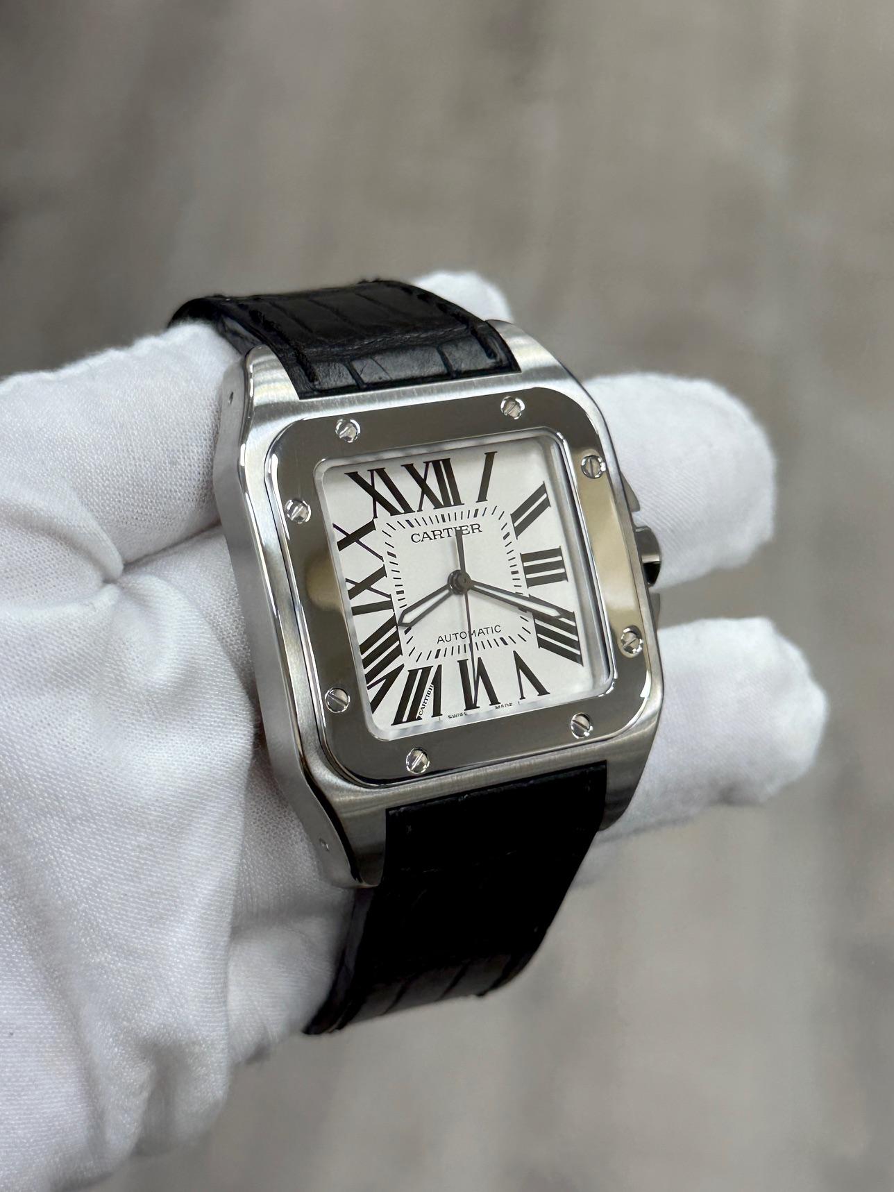 Cartier Santos 100 XL Ref 2656 38mm Acier inoxydable Bracelet cuir noir en vente 4