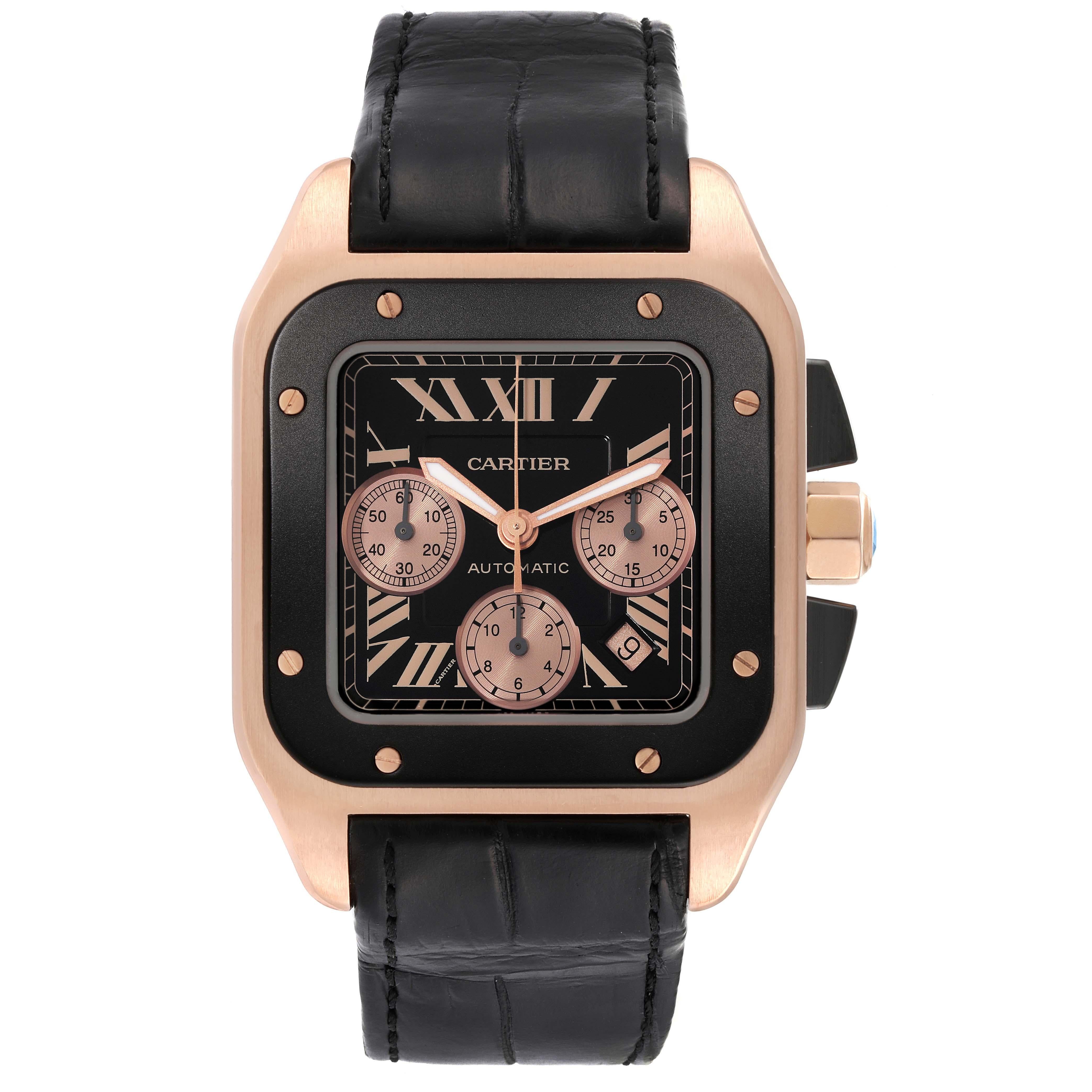Cartier Santos 100 XL Rose Gold Chronograph Mens Watch W2020003. Automatic self-winding movement. Three body rose gold case 54.9 mm x 46.55 mm. Octagonal crown set with black faceted spinel. Black ADLC coated bezel punctuated with 8 signature rose