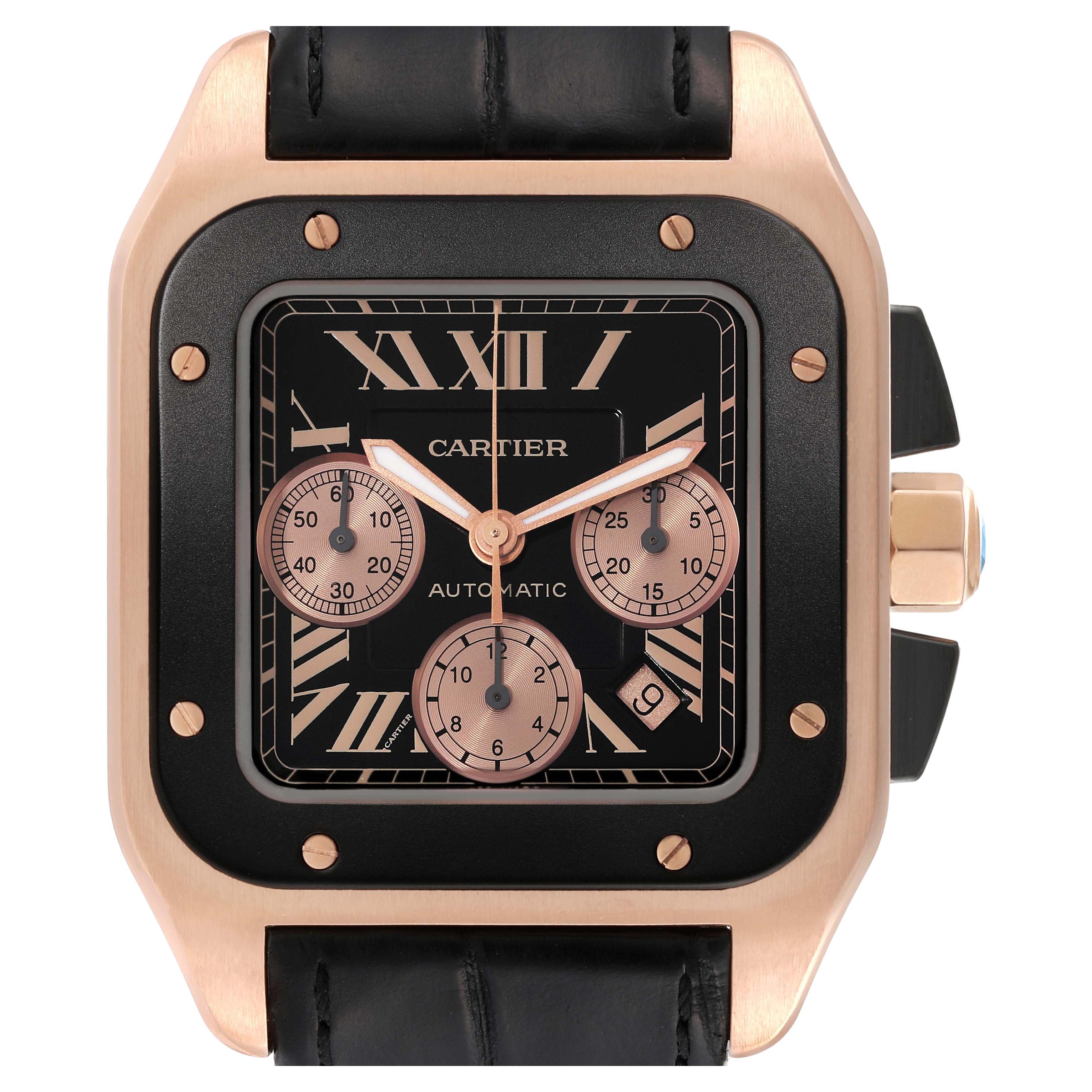 Cartier Santos 100 XL Rose Gold Chronograph Mens Watch W2020003 For Sale