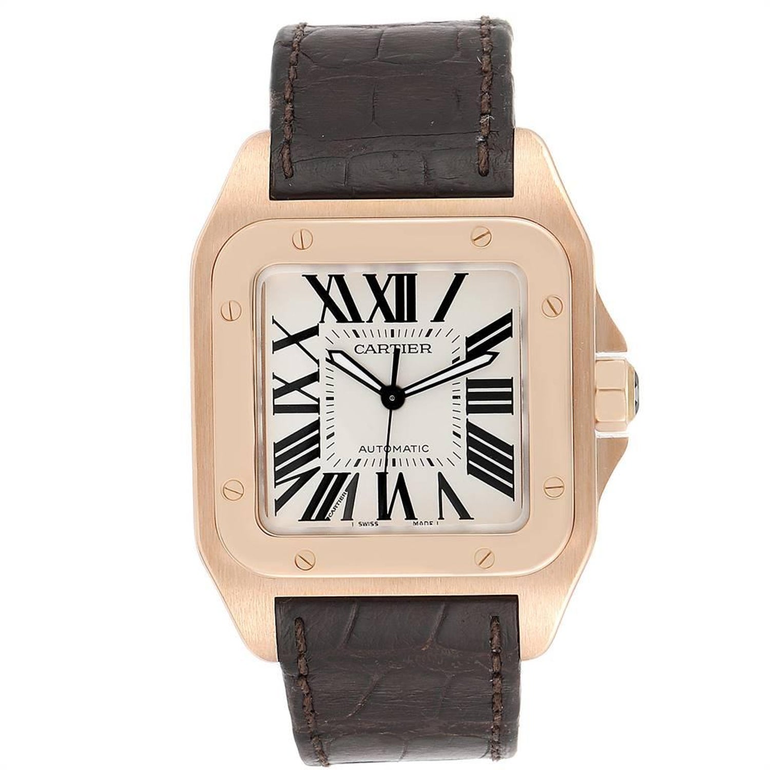 Cartier Santos 100 Xl Rose Gold Silver Dial Men S Watch W20095y1 For Sale At 1stdibs