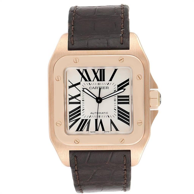 Cartier Santos 100 Xl Rose Gold Silver Dial Men S Watch W20095y1 For Sale At 1stdibs
