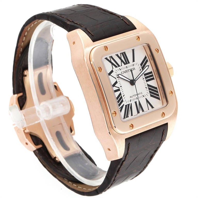 Cartier Santos 100 Xl Rose Gold Silver Dial Men S Watch W20095y1 For Sale At 1stdibs