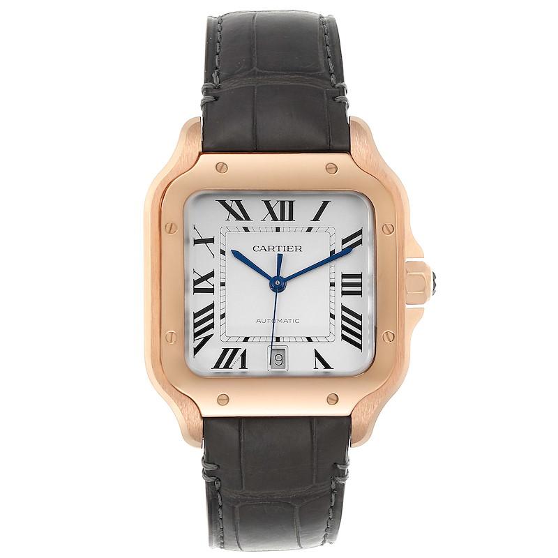 Cartier Santos 100 XL Rose Gold Silver Dial Mens Watch WGSA0007 Unworn. Automatic self-winding movement. 18K rose gold case 39.8 x 39.8 mm. Octagonal crown set with the faceted sapphire. 18K rose gold bezel punctuated with 8 signature screws.