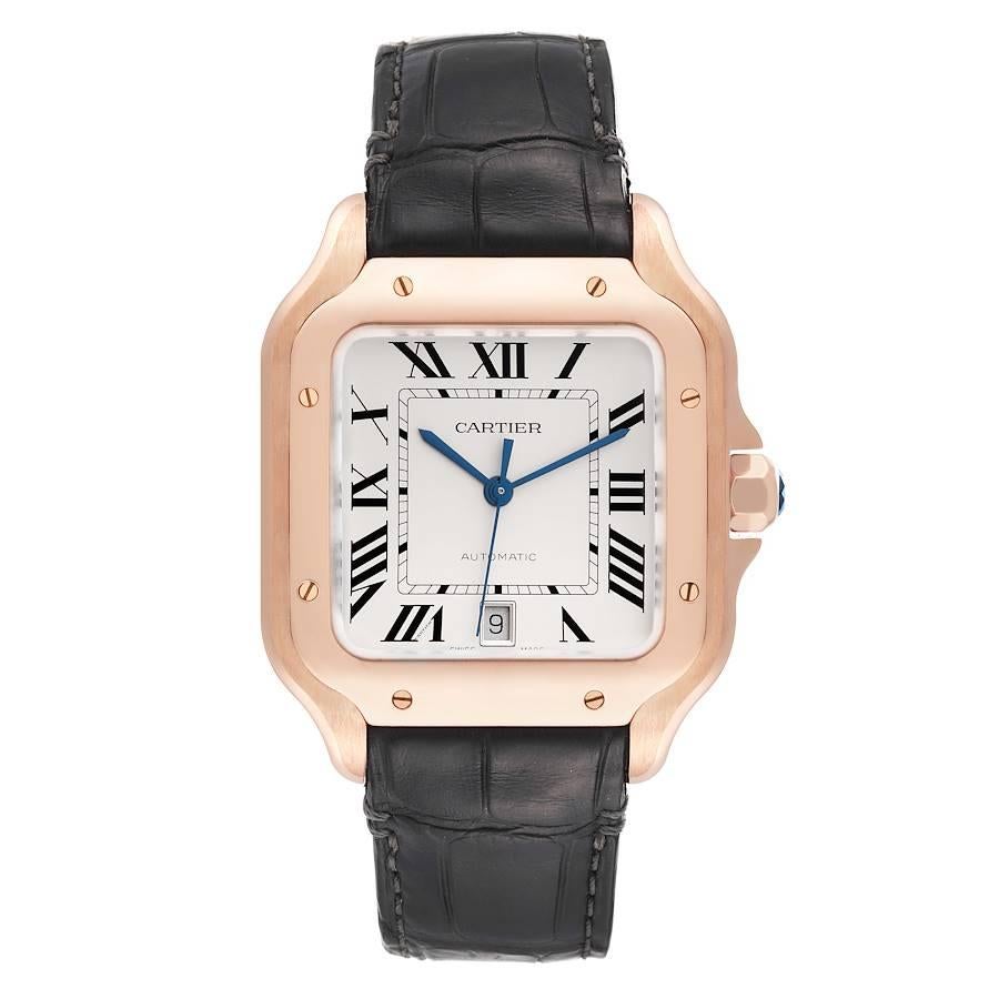 Cartier Santos 100 XL Rose Gold Silver Dial Mens Watch WGSA0011 Box Card. Automatic self-winding movement. 18K rose gold case 39.8 x 39.8 mm.  Octagonal crown set with the faceted sapphire. 18K rose gold bezel punctuated with 8 signature screws.