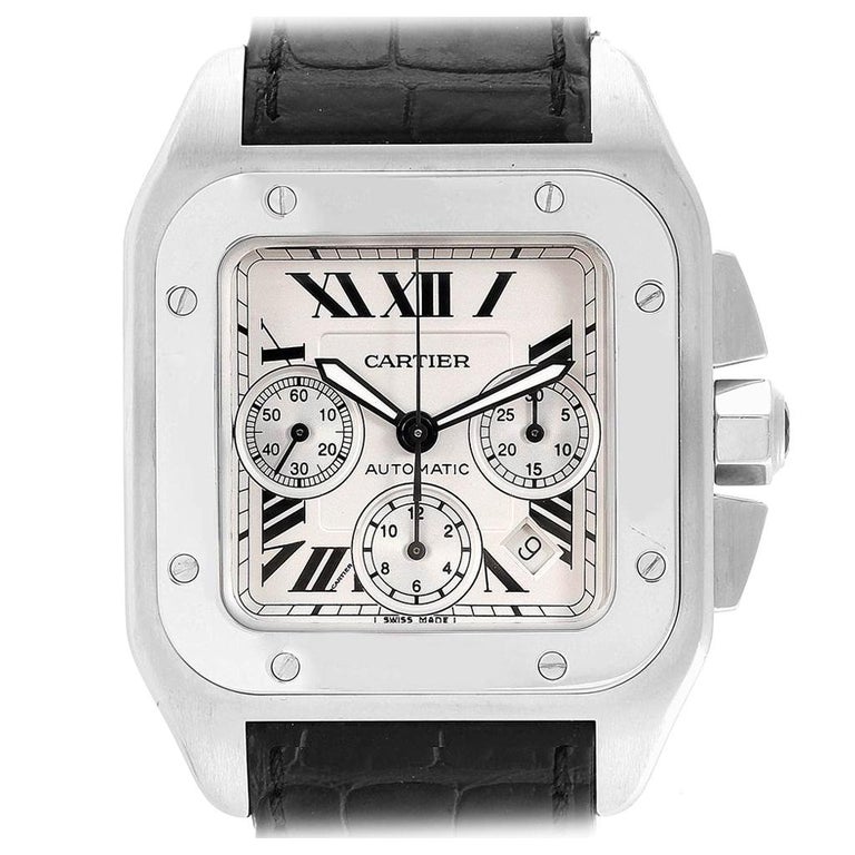 Cartier Santos 100 XL Silver Dial Black Strap Chronograph Watch ...