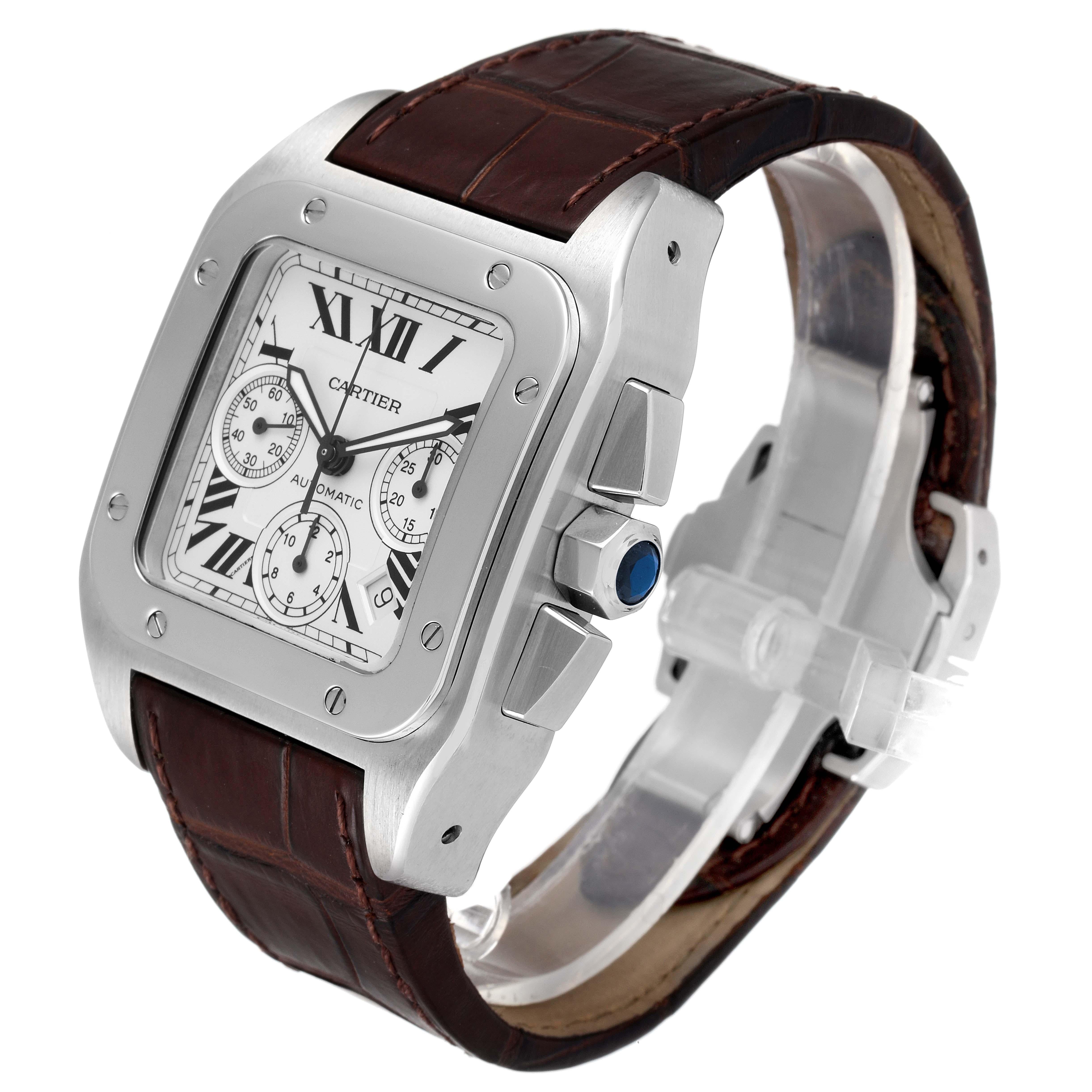 Men's Cartier Santos 100 XL Silver Dial Brown Strap Chronograph Watch W20090X8