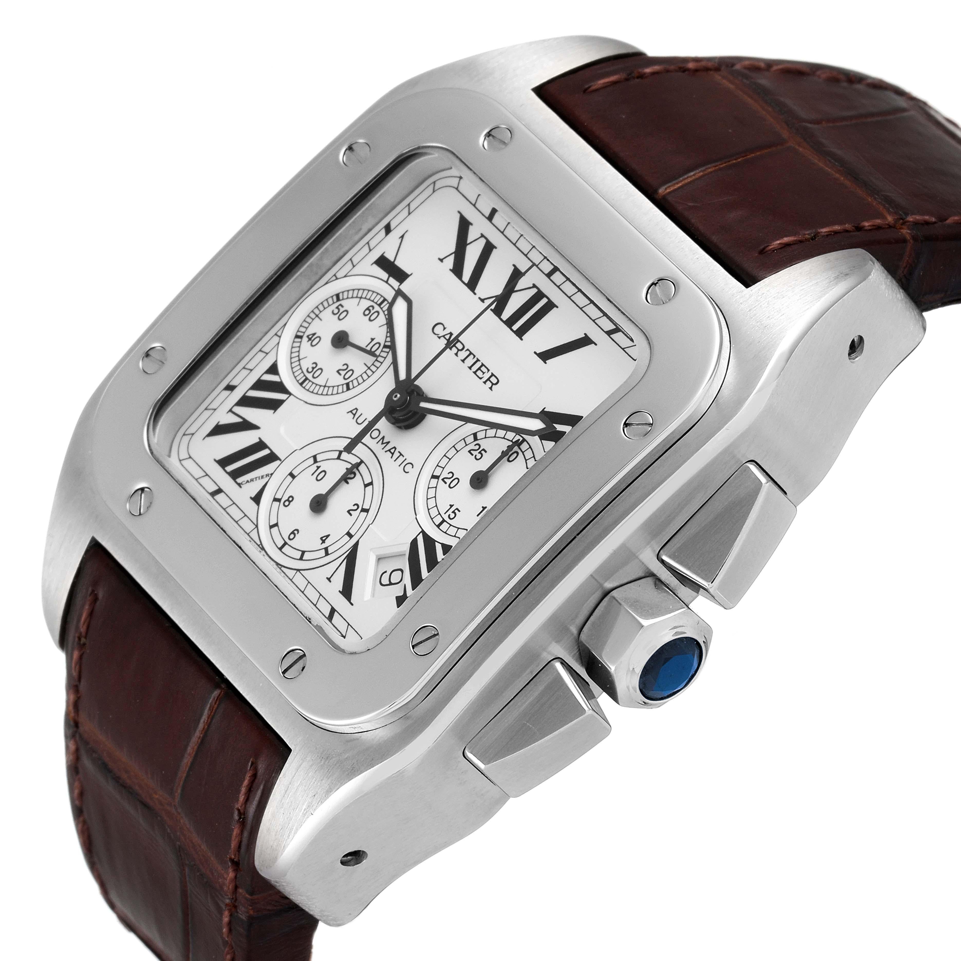 Cartier Santos 100 XL Silver Dial Brown Strap Chronograph Watch W20090X8 1