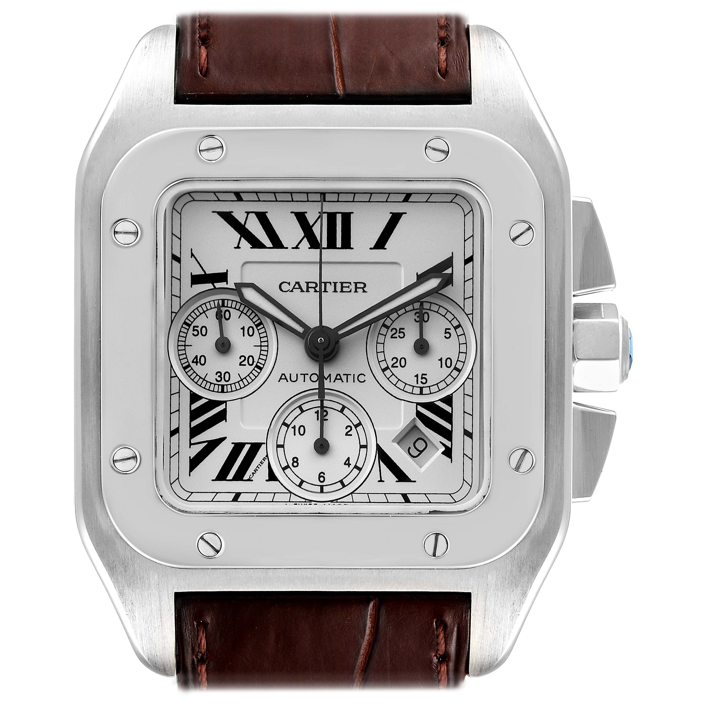 Cartier Santos 100 XL Chronographuhr mit braunem Armband und silbernem Zifferblatt W20090X8 im Angebot