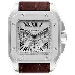 Cartier Santos 100 XL Chronographuhr mit braunem Armband und silbernem Zifferblatt W20090X8