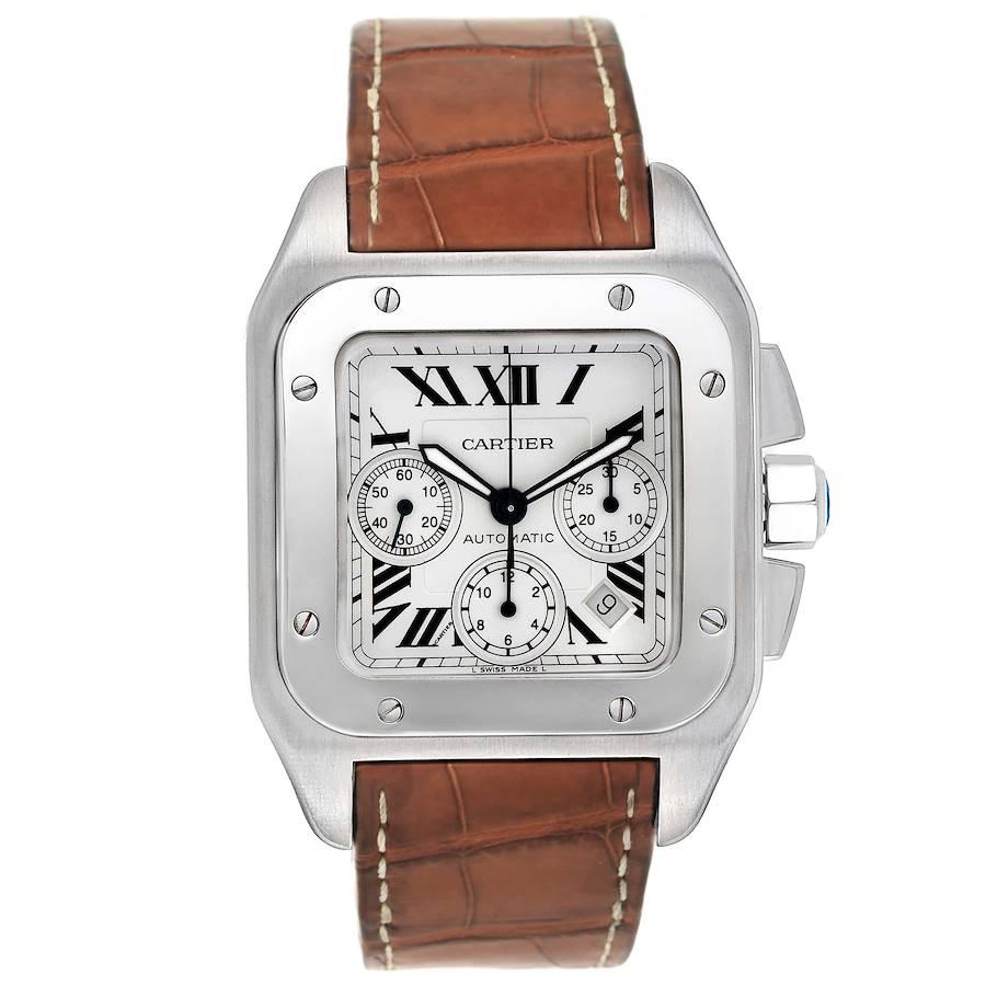 Cartier Santos 100 XL Silver Dial Chronograph Mens Watch W20090X8. Automatic self-winding movement caliber 8630. Three body brushed stainless case 42.0 mm. Stainless steel protected octagonal crown set with the faceted spinel. Stainless steel bezel