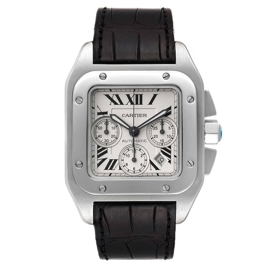 Cartier Santos 100 XL Silver Dial Chronograph Mens Watch W20090X8. Automatic self-winding movement caliber 8630. Three body brushed stainless case 42.0 mm. Stainless steel protected octagonal crown set with the faceted spinel. Stainless steel bezel