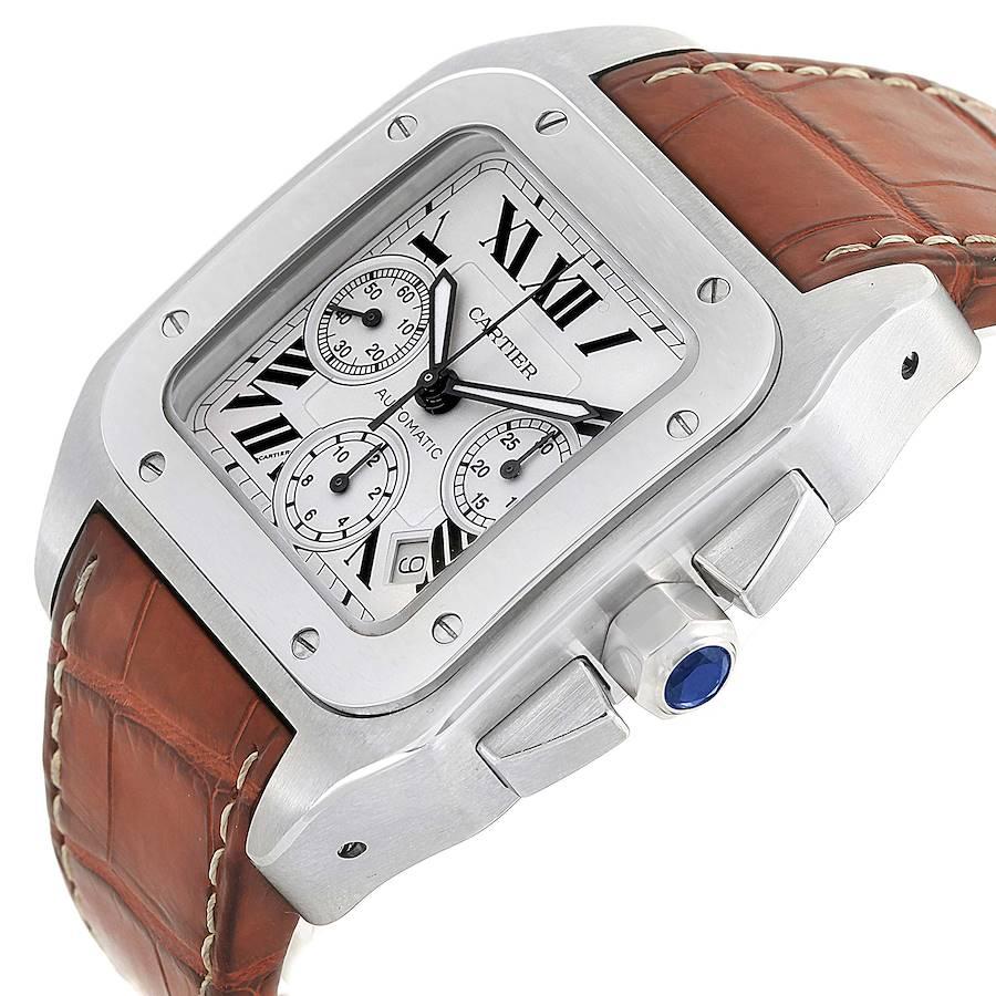Cartier Santos 100 XL Silver Dial Chronograph Mens Watch W20090X8 For Sale 1