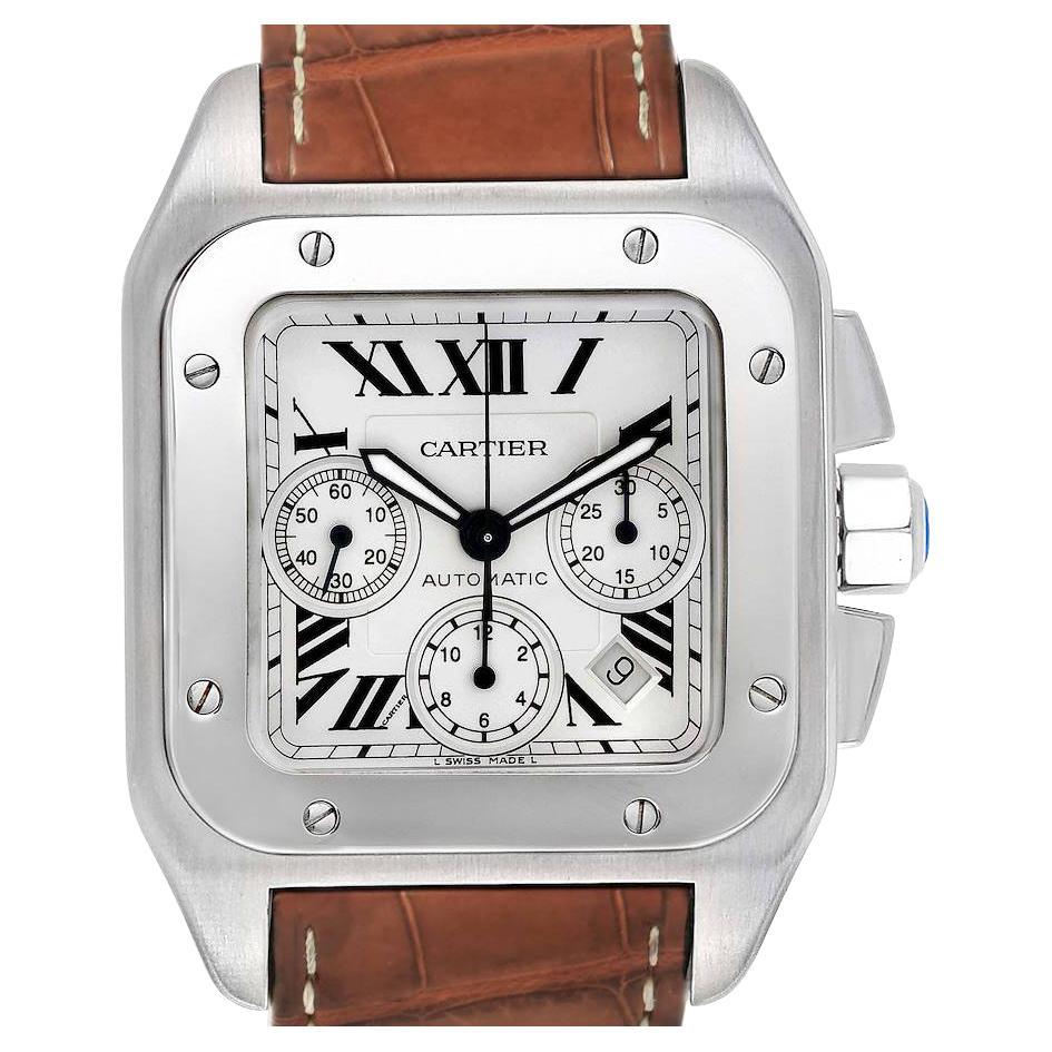 Cartier Santos 100 XL Silver Dial Chronograph Mens Watch W20090X8 For Sale