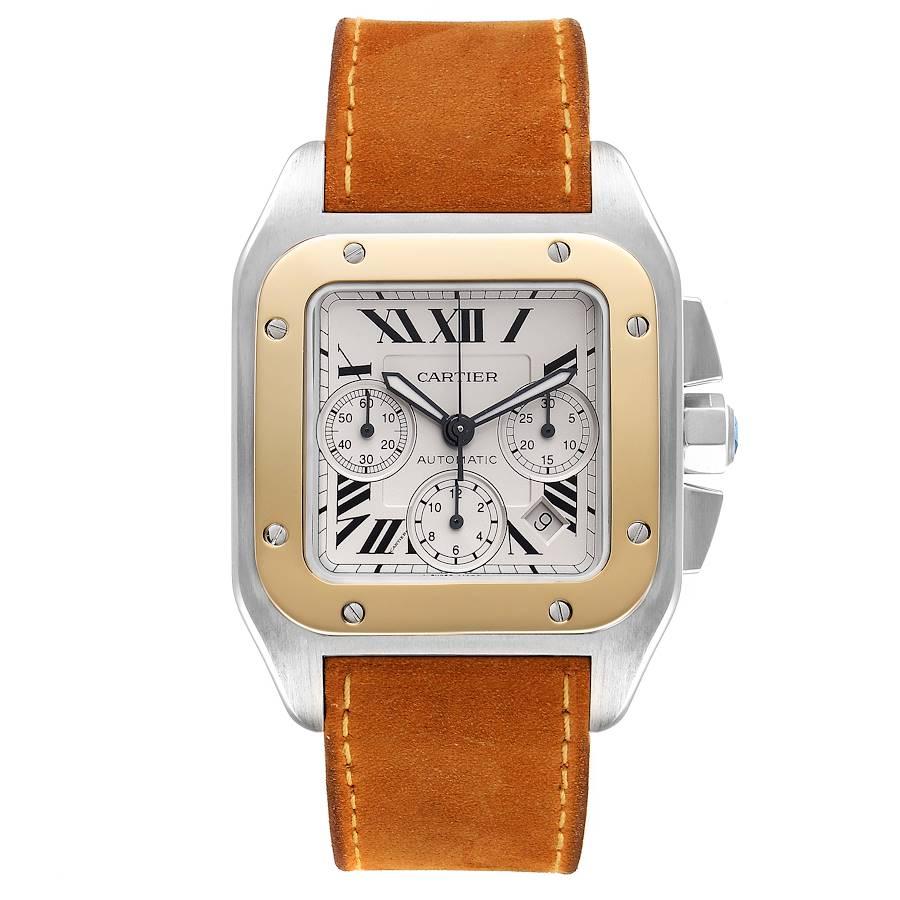 Cartier Santos 100 XL Silber Zifferblatt Chronograph Stahl Herrenuhr W20090X8. Automatisches Uhrwerk mit automatischem Aufzug, Kaliber 8630. Drei Gehäuse aus gebürstetem Edelstahl, 42,0 mm. Achteckige, geschützte Krone aus Edelstahl, besetzt mit