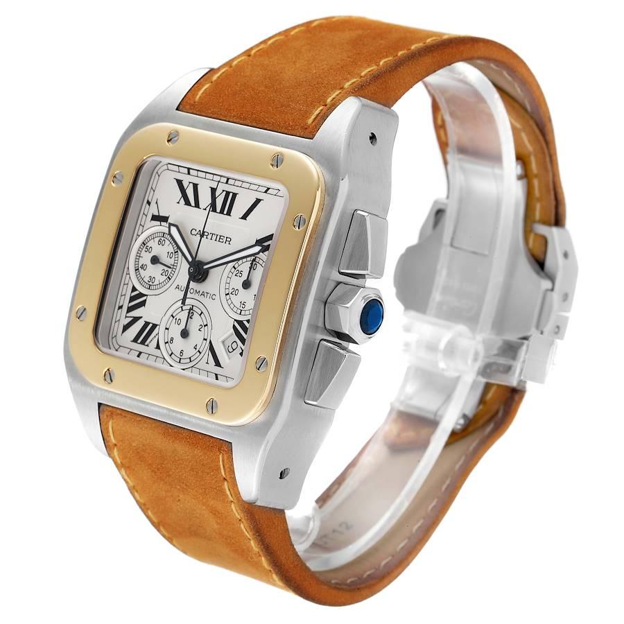 Cartier Santos 100 XL Silber Zifferblatt Chronograph Stahl Herrenuhr W20090X8 im Angebot 1