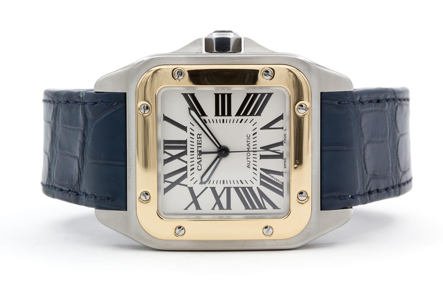 Nous avons le plaisir de vous proposer cette montre Cartier Santos 100 XL W20072X7. Cette superbe montre présente un boîtier en acier inoxydable de 51,1 mm x 41,3 mm, une lunette en or jaune 18 carats, un mouvement automatique Cartier, un cadran