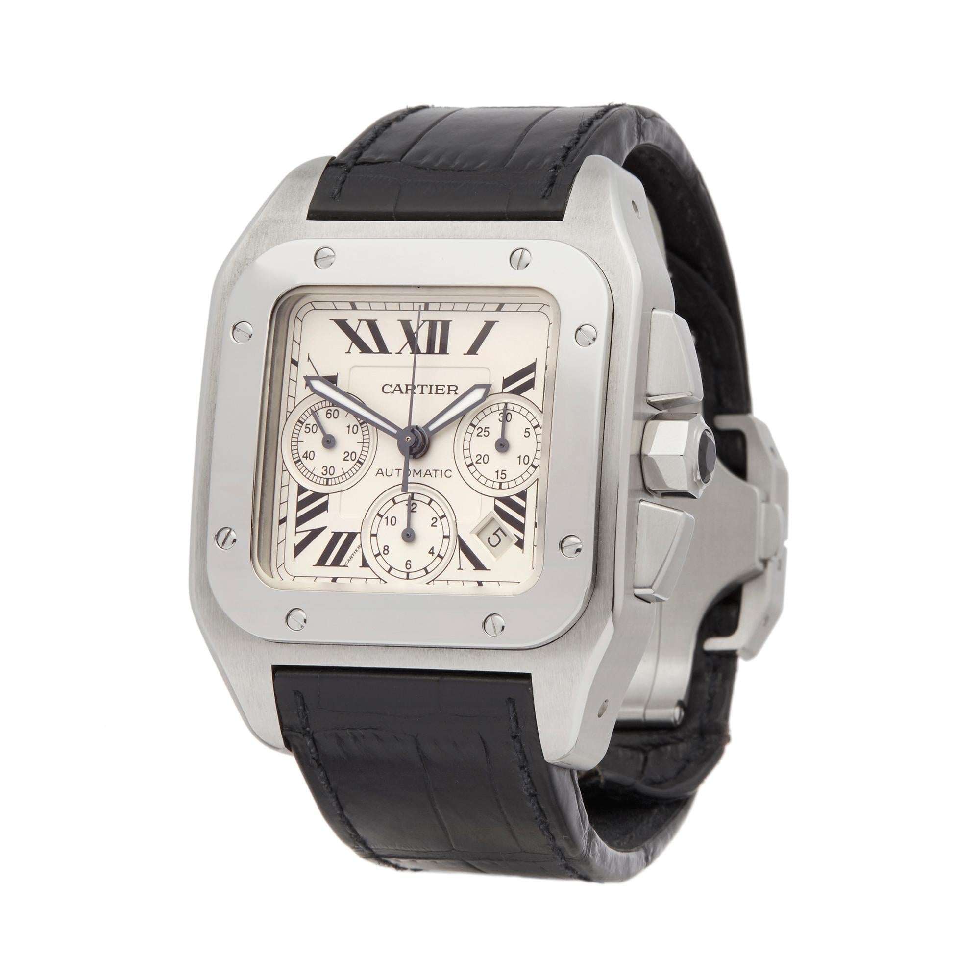 Reference: COM2022
Manufacturer: Cartier
Model: Santos 100
Model Reference: 2740
Age: 1st November 2015
Gender: Men's
Box and Papers: Box and Cartier Invoice
Dial: White Roman
Glass: Sapphire Crystal
Movement: Automatic
Water Resistance: To