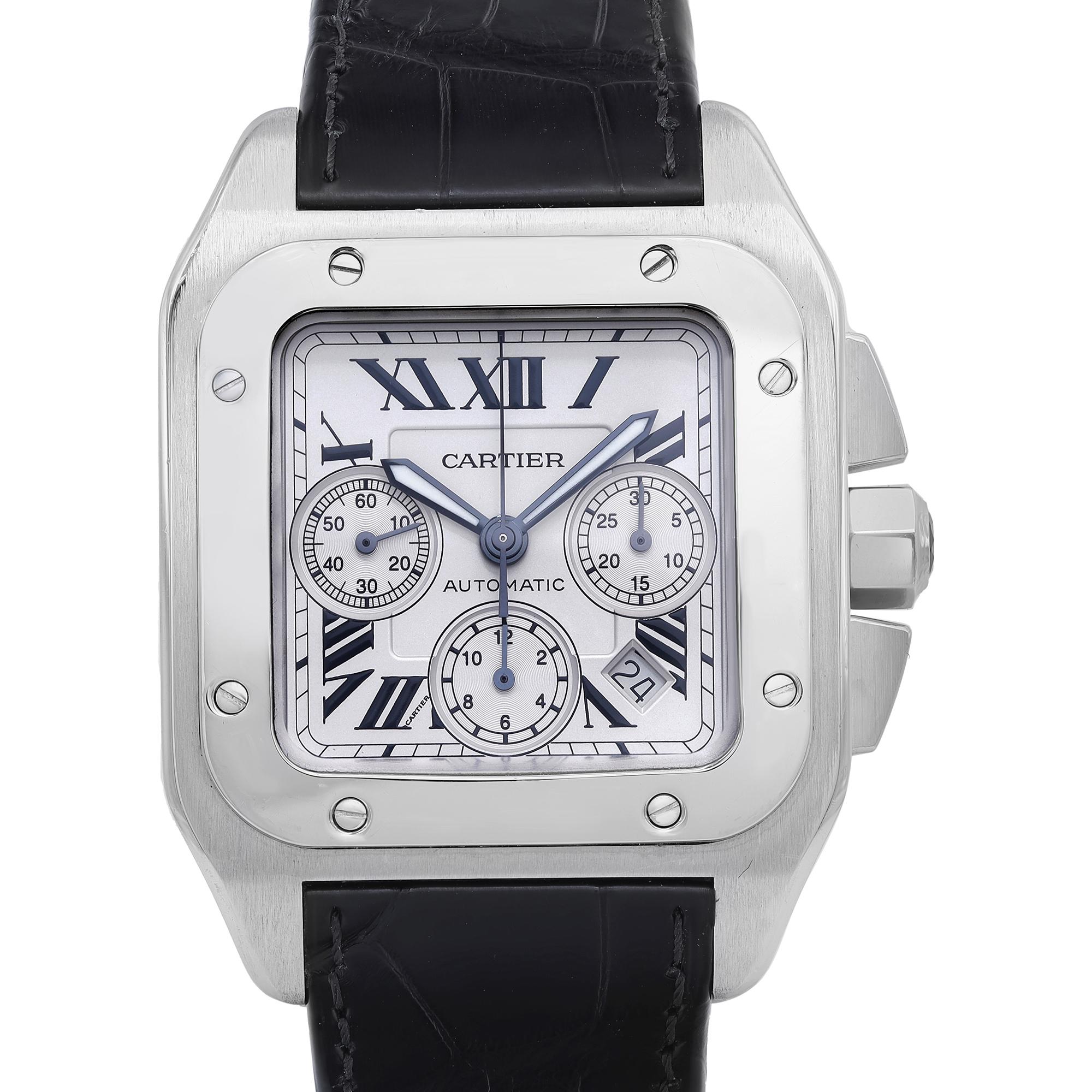 Pre-owned Cartier Santos 100 XL Steel Chronograph Silver Dial Automatic Watch W20090X8. The leather band of this watch is brand new. No Original Box and Papers are Included. Comes with Chronostore Presentation Box and Authenticity Card. Covered by