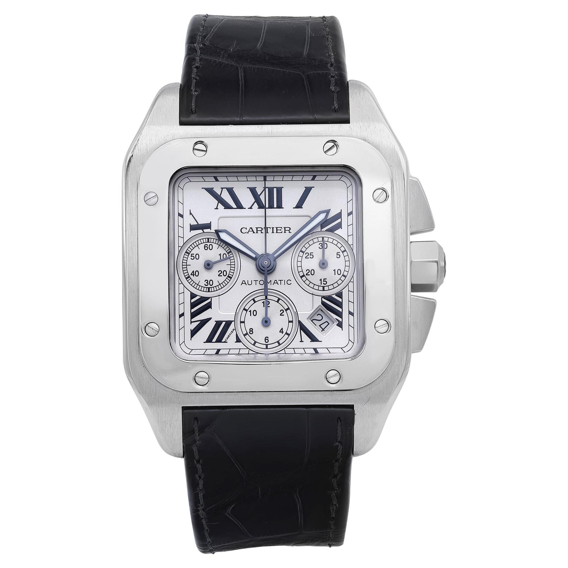 Cartier Santos 100 XL Steel Chronograph Silver Dial Automatic Men Watch W20090X8