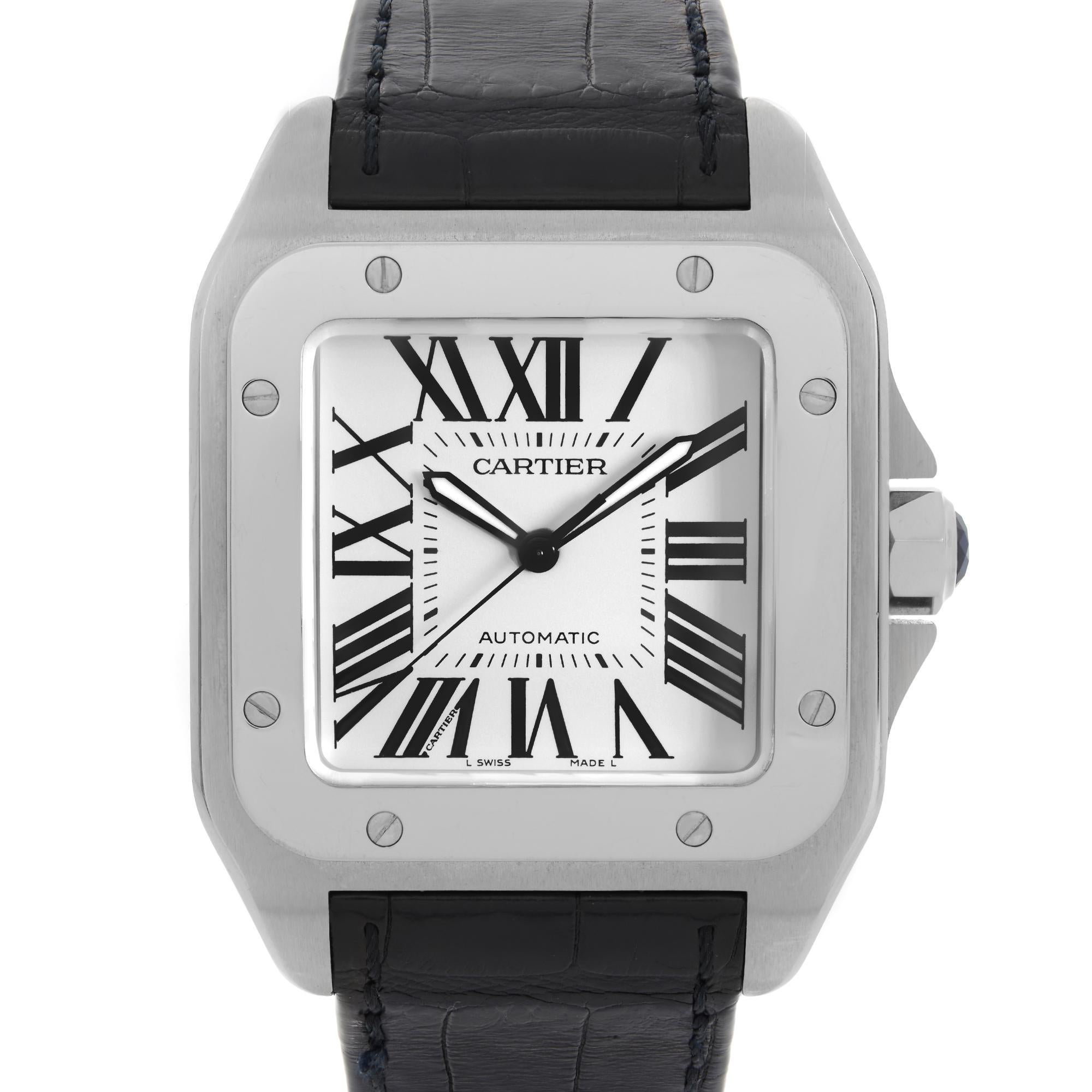 Pre-owned Cartier Santos 100 XL 38mm Stainless Steel White Roman Dial Automatic Men's Watch W20073X8  Ref-2656. This Beautiful Timepiece is Powered by Mechanical (Automatic) Movement And Features: Stainless Steel Case with Black Leather Strap. Fixed