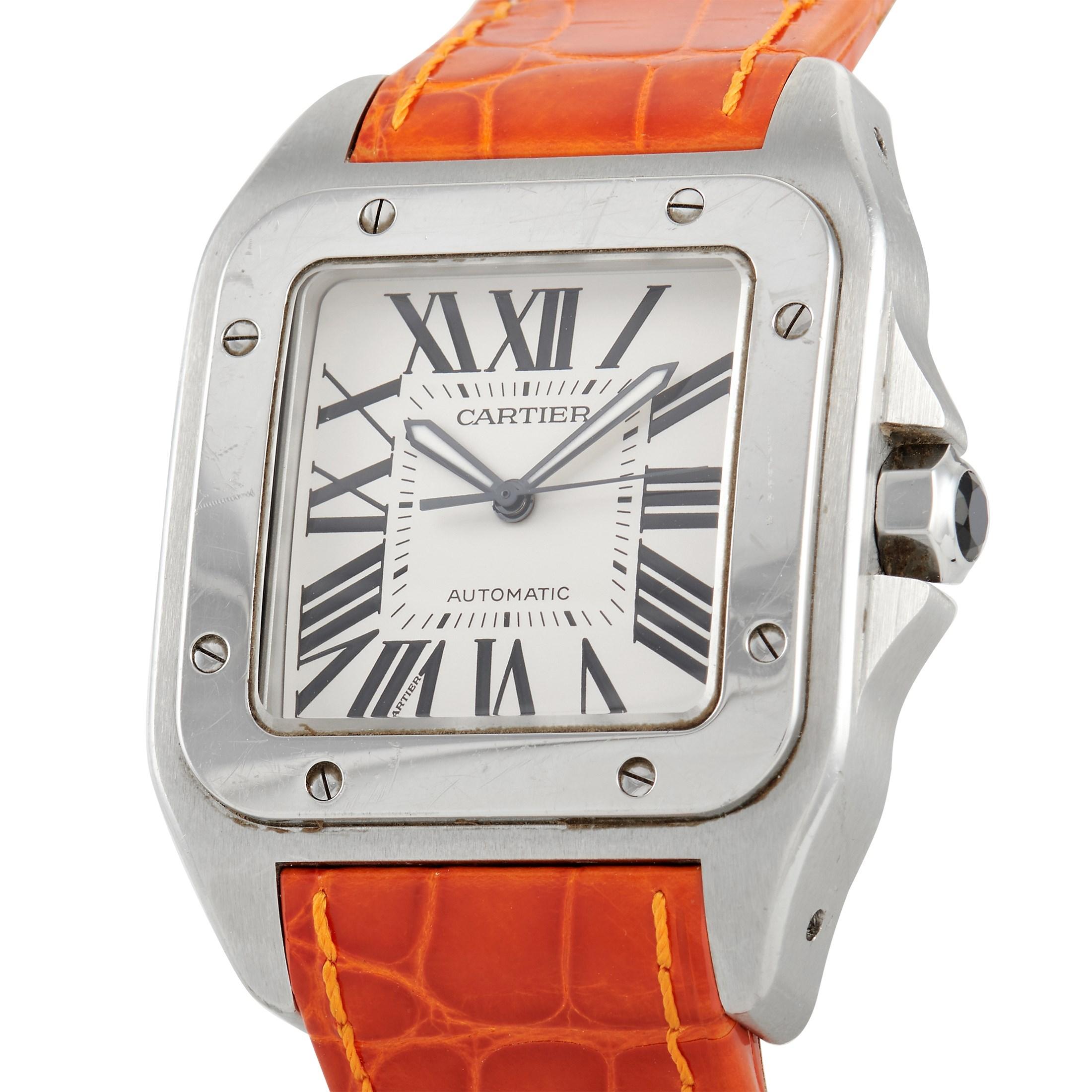 The Cartier Santos 100 XL Watch, reference number 2656, is bold, colorful, and impossible to ignore. 

On this watch, a square 38mm case made from Stainless Steel comes to life thanks to the screw-down accents located on the bezel. On the classic
